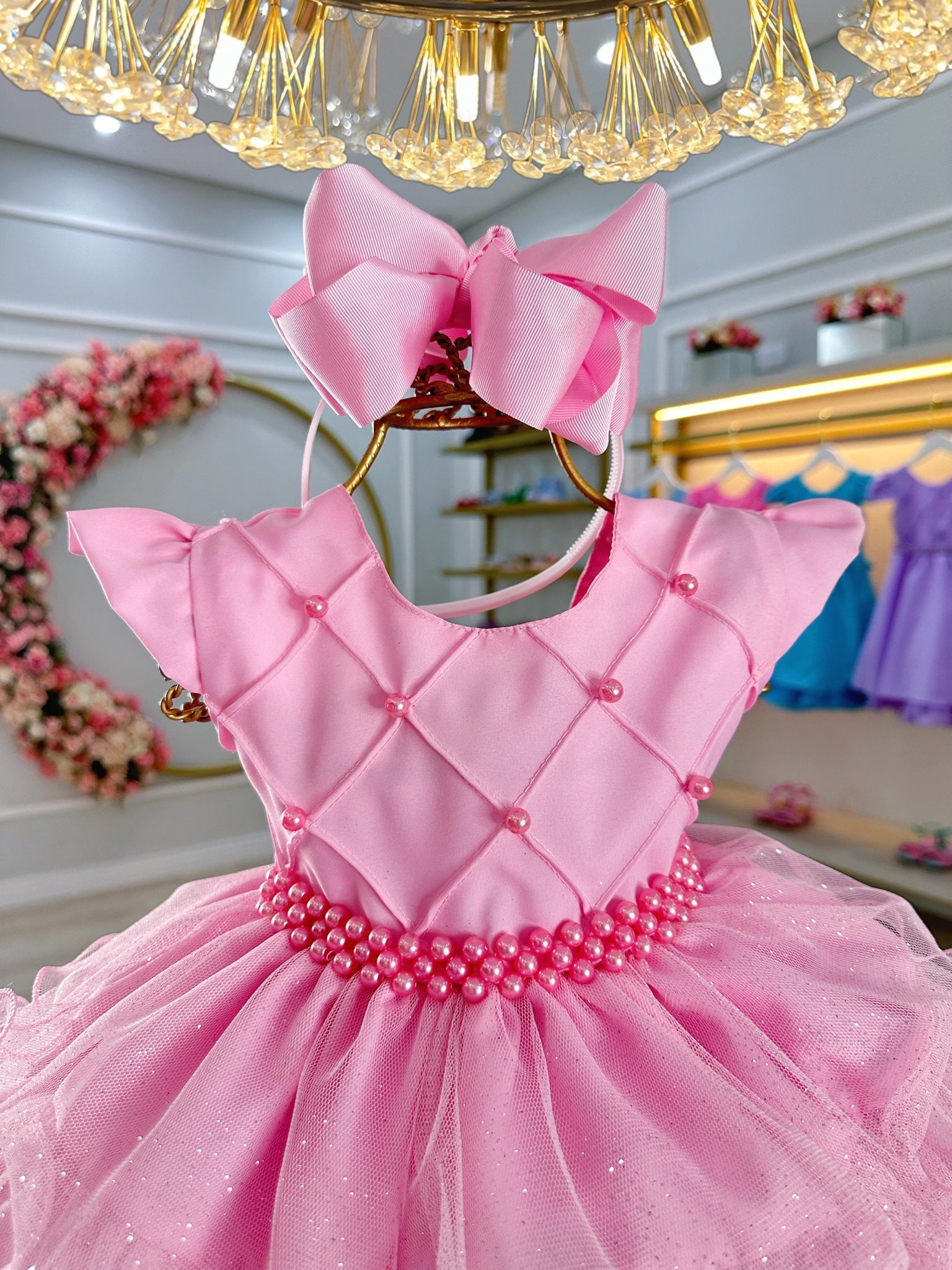 Vestido Bebê Batizado Festas Rosa Saia Com Babados Luxo