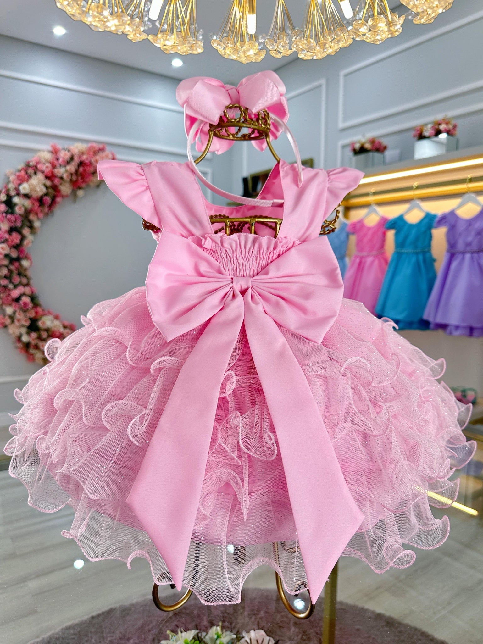 Vestido Bebê Batizado Festas Rosa Saia Com Babados Luxo