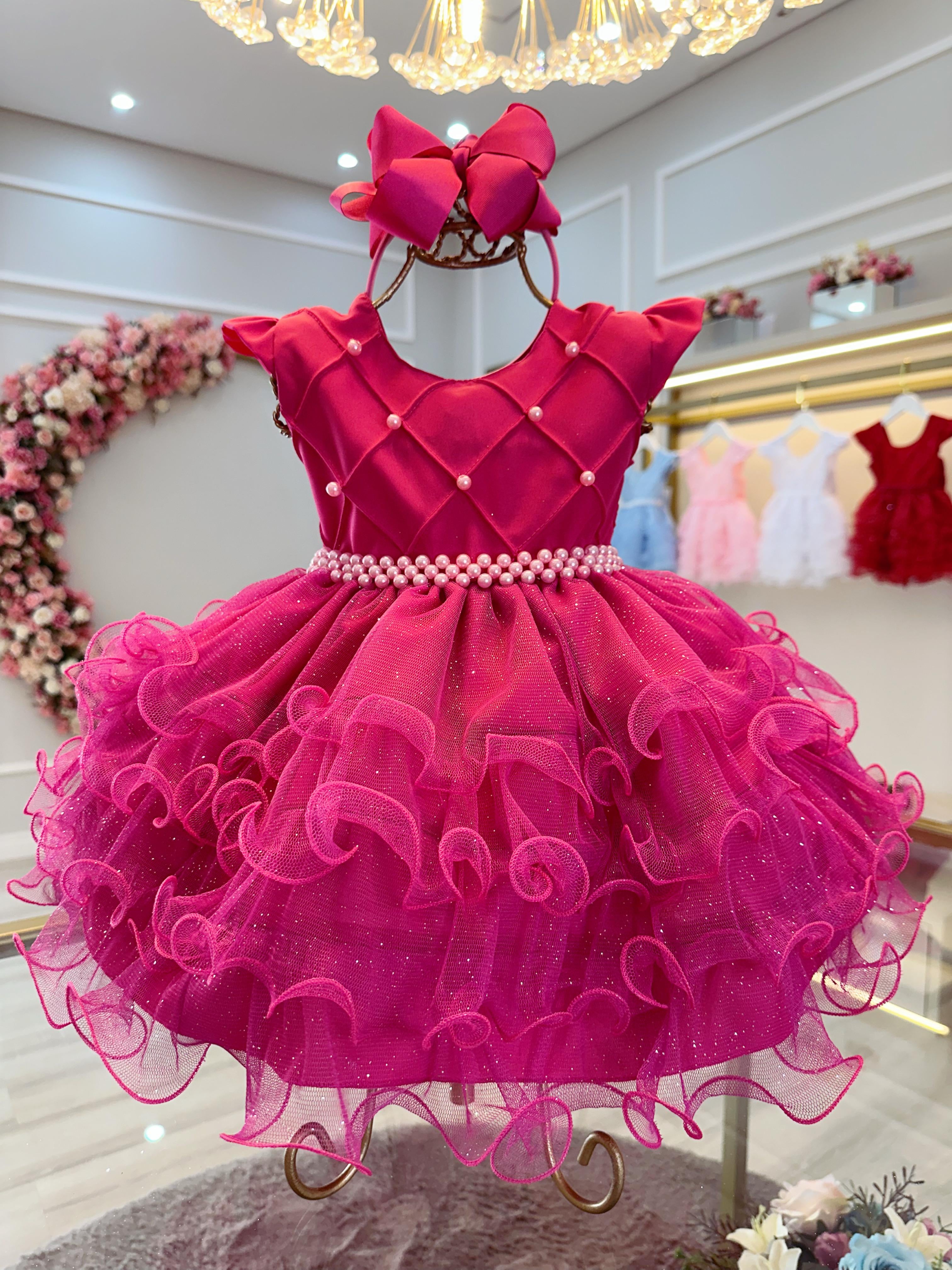 Vestido Infantil Batizado Pink Saia Com Babados Luxo