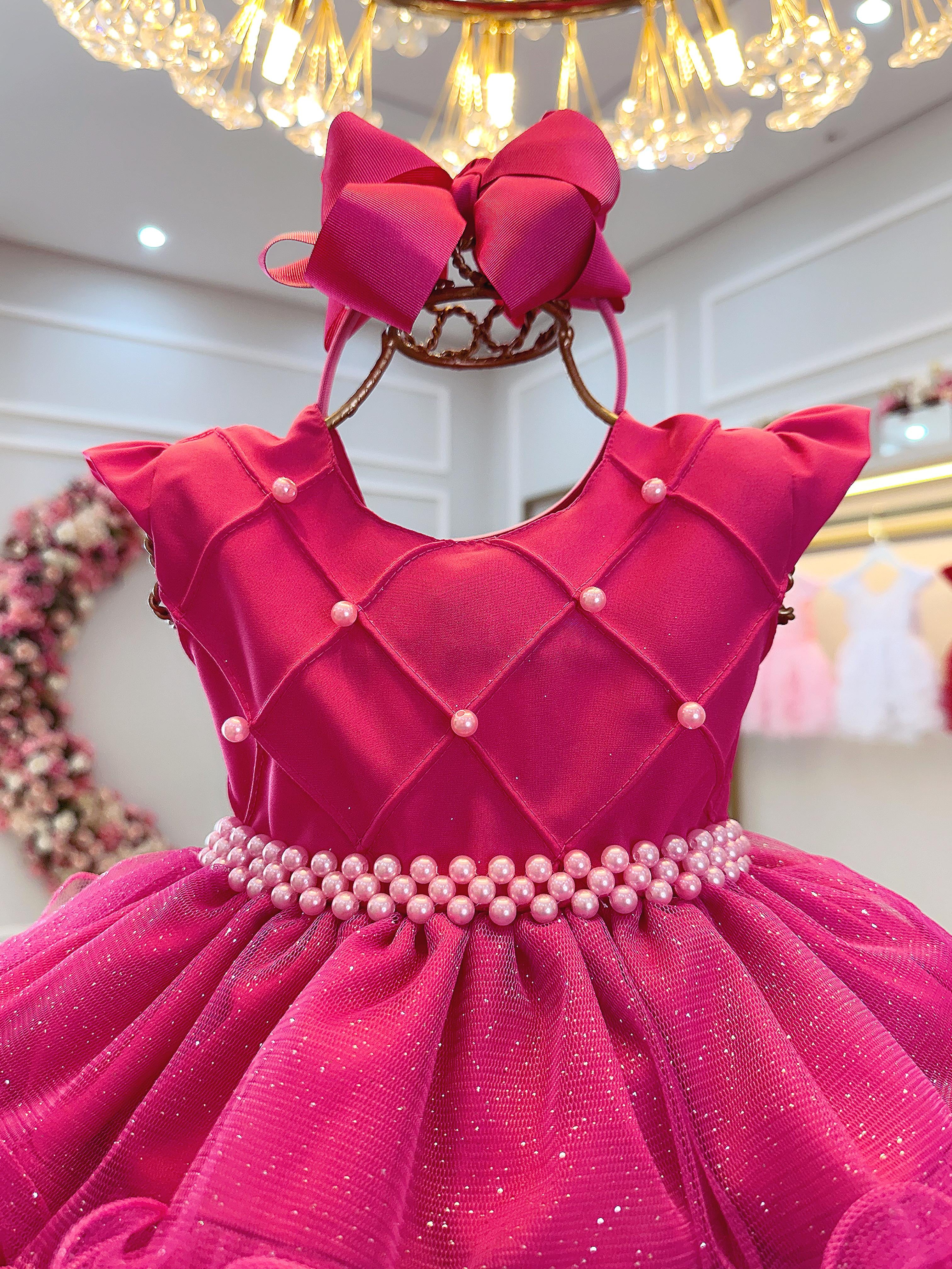 Vestido Infantil Batizado Pink Saia Com Babados Luxo