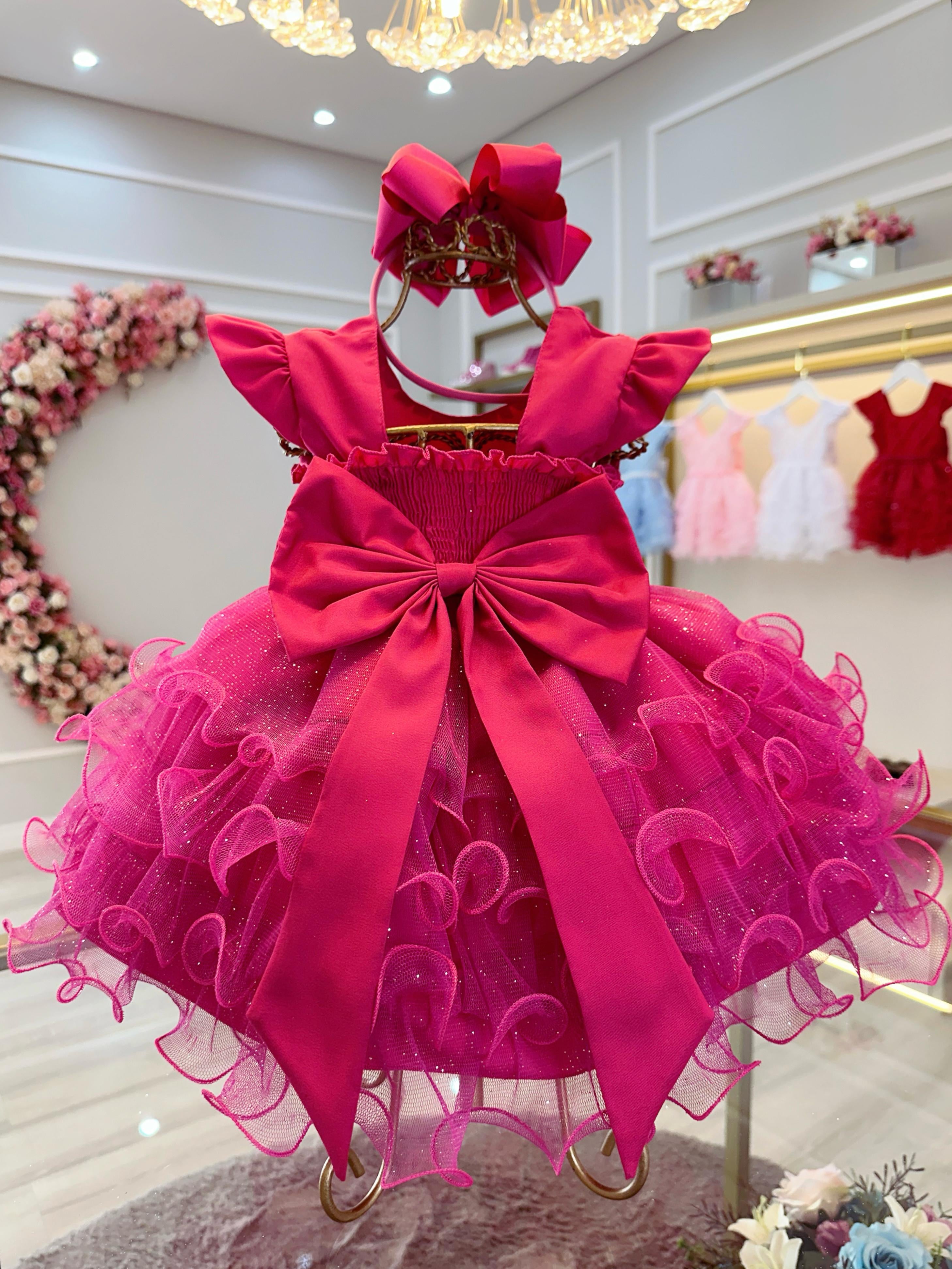 Vestido Infantil Batizado Pink Saia Com Babados Luxo