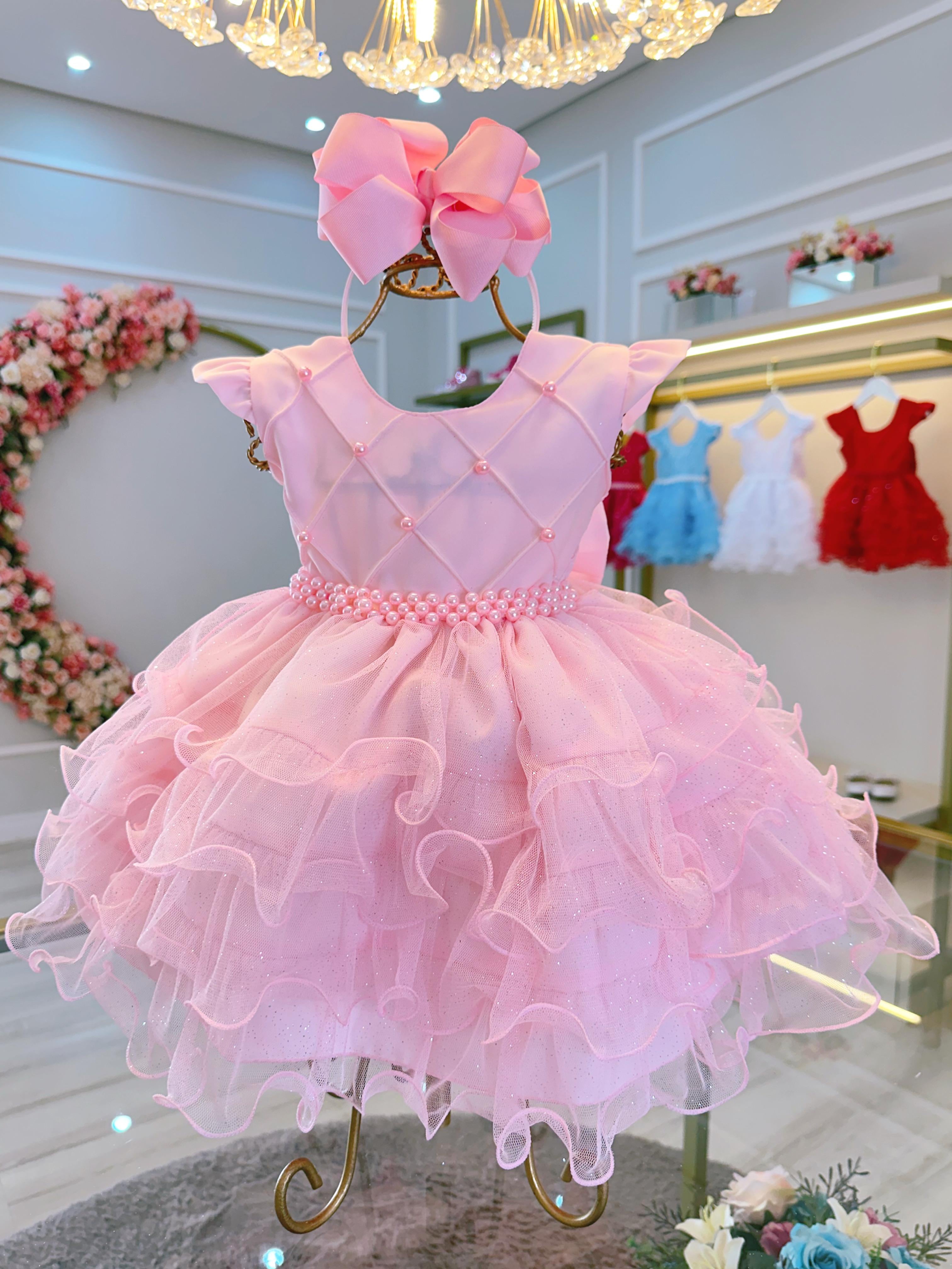 Vestido Infantil Batizado Rosa Claro Saia Com Babados Luxo