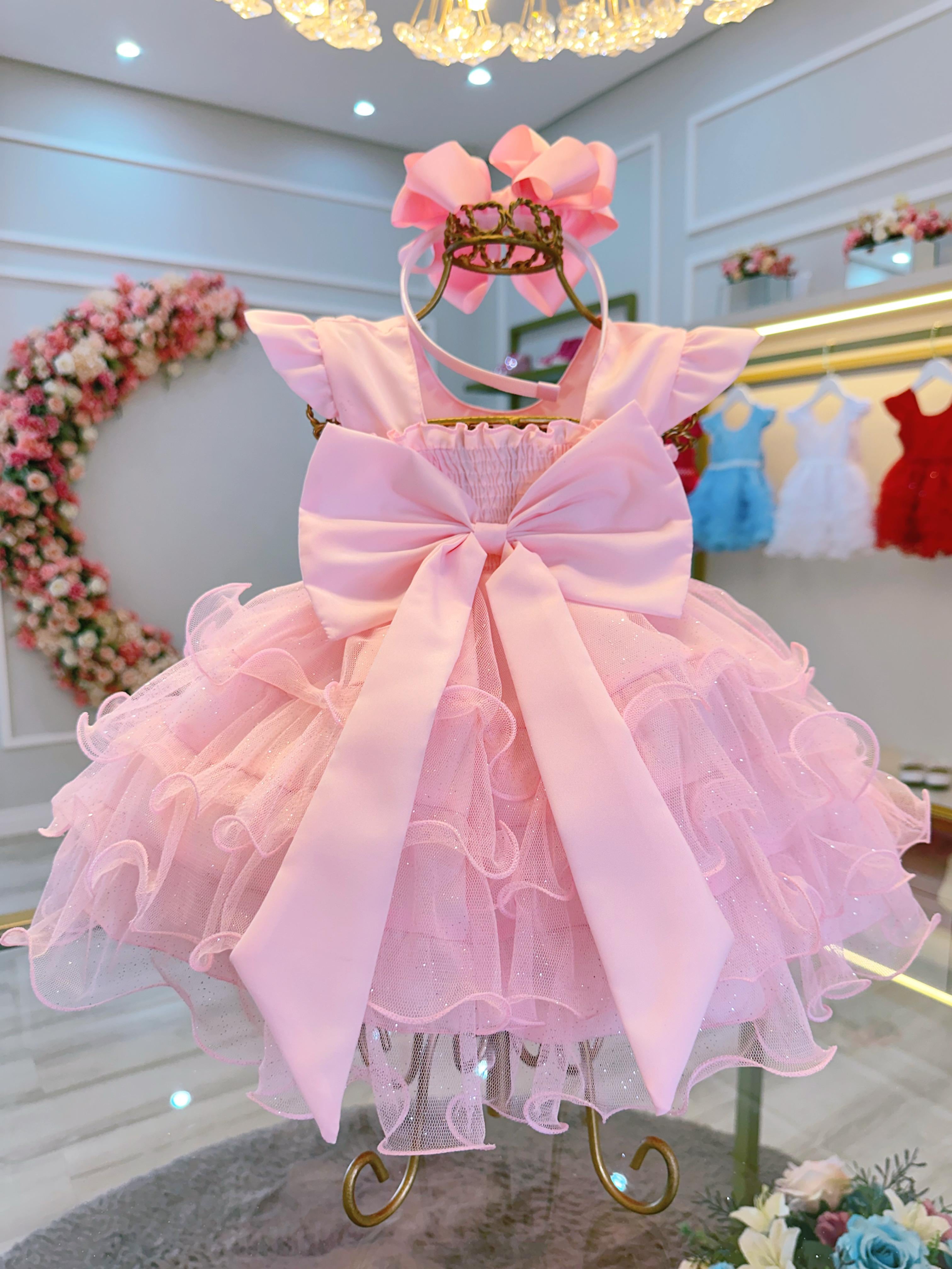 Vestido Infantil Batizado Rosa Claro Saia Com Babados Luxo