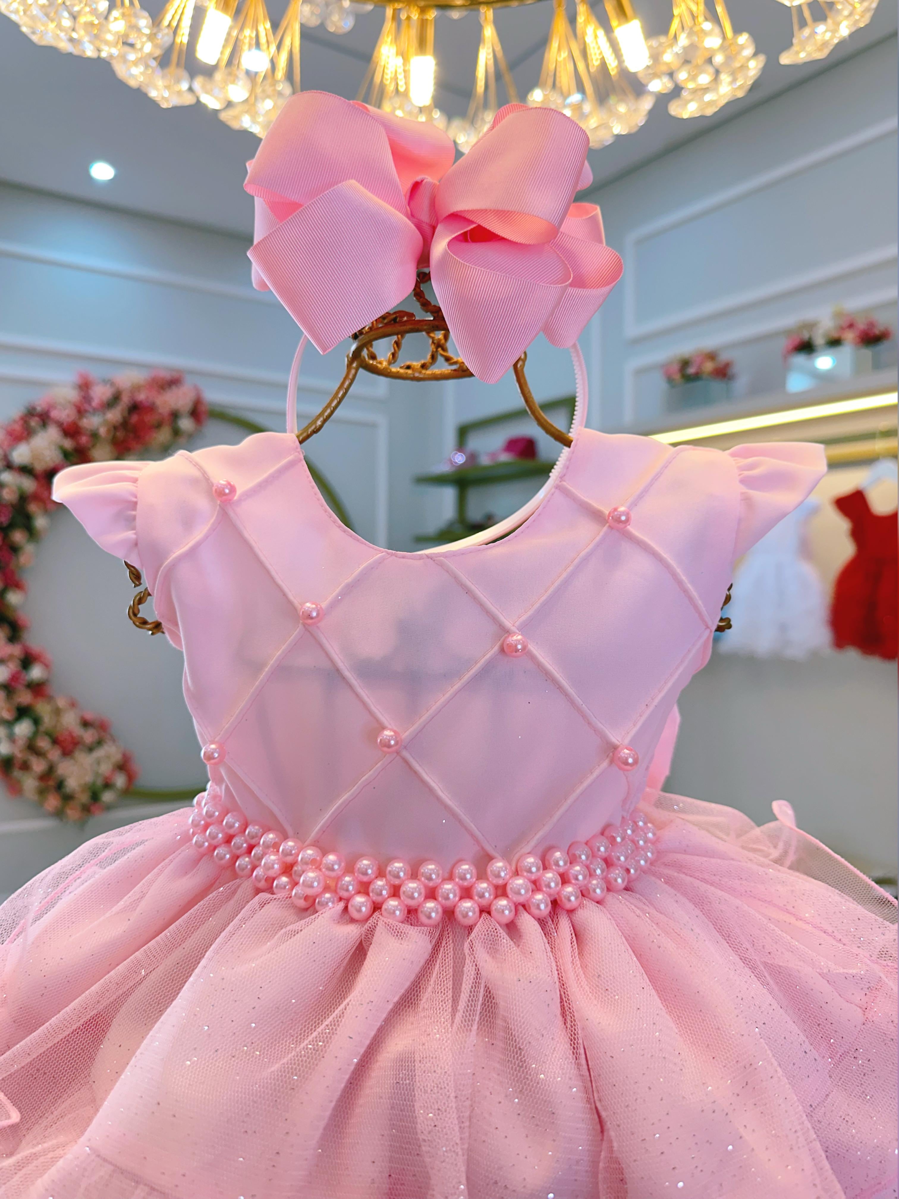 Vestido Infantil Batizado Rosa Claro Saia Com Babados Luxo