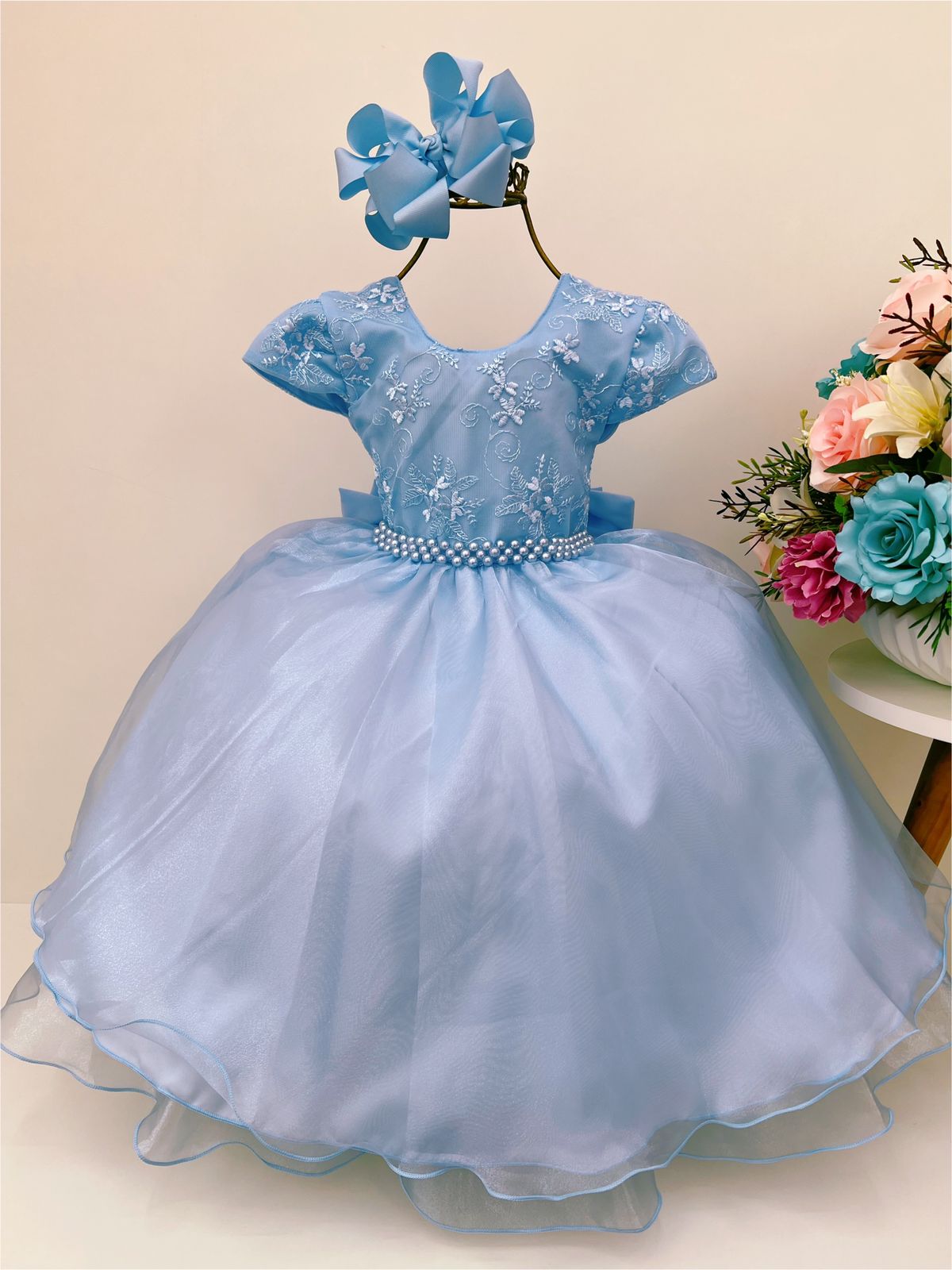 Vestido Infantil Azul Batizado C/ Renda Voal Cinto Pérolas