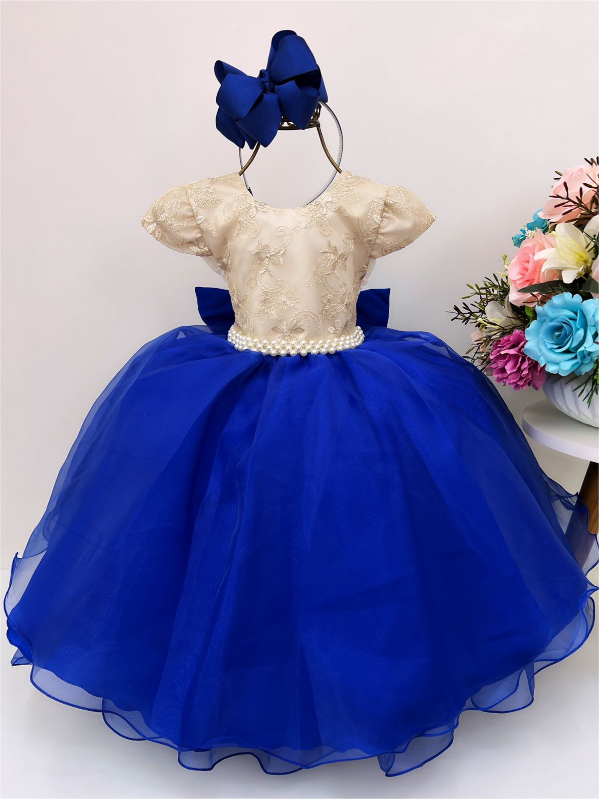 Vestido Infantil Azul e Marfim Renda Cinto Pérolas