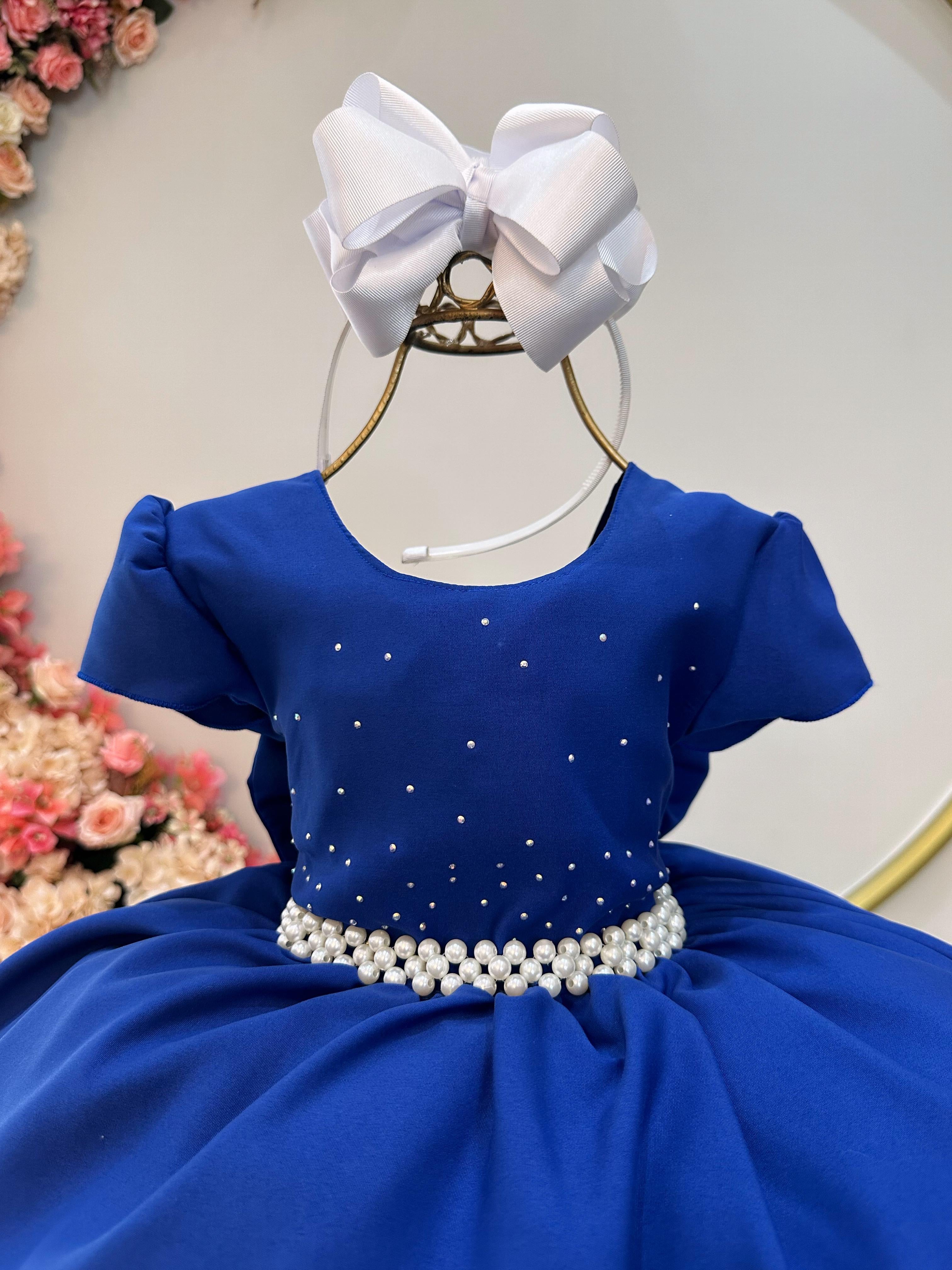 Vestido Infantil Azul Royal Busto Com Strass Luxo Daminhas