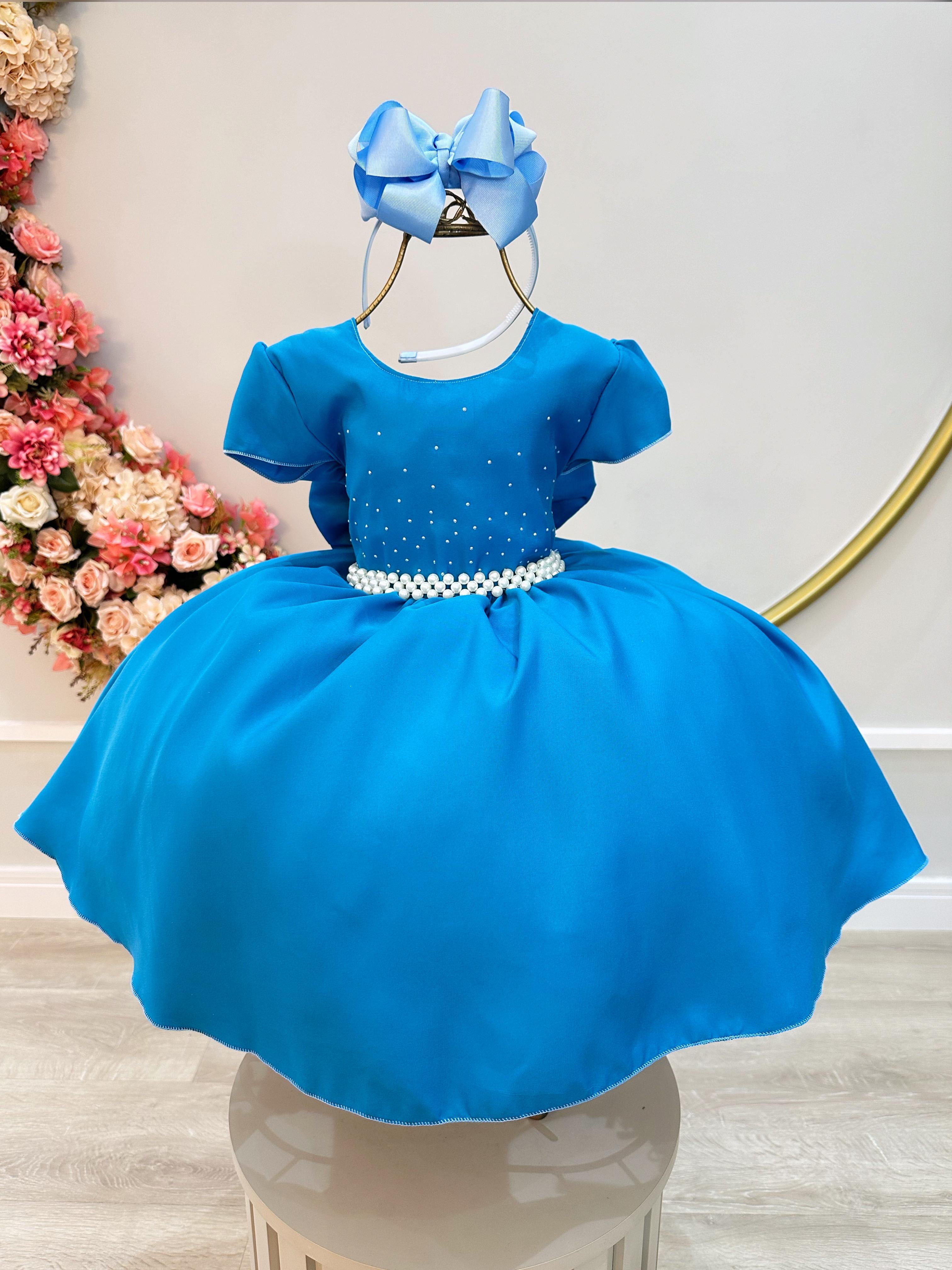 Vestido Infantil Azul Tiffany Busto Com Strass Luxo Daminhas