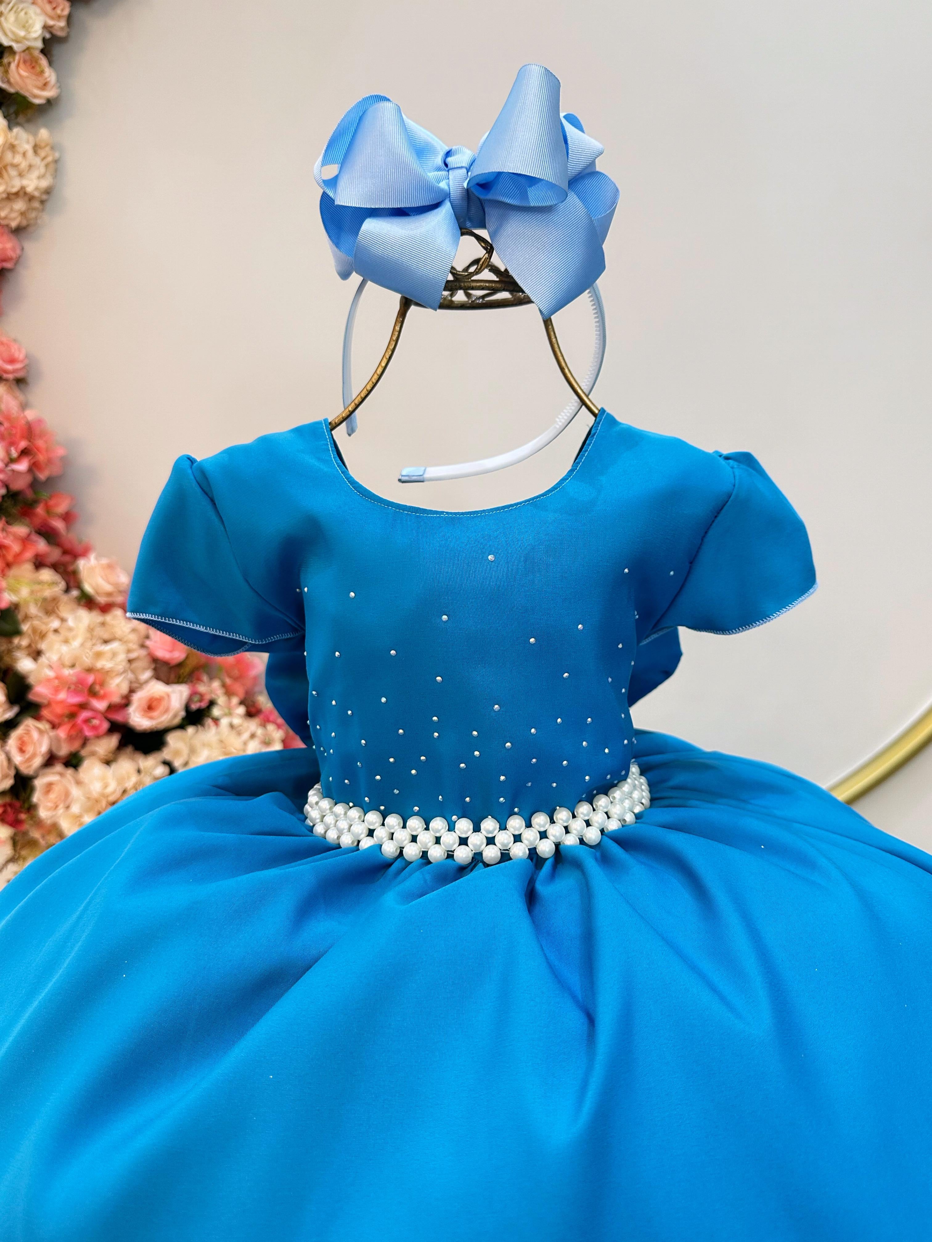 Vestido Infantil Azul Tiffany Busto Com Strass Luxo Daminhas