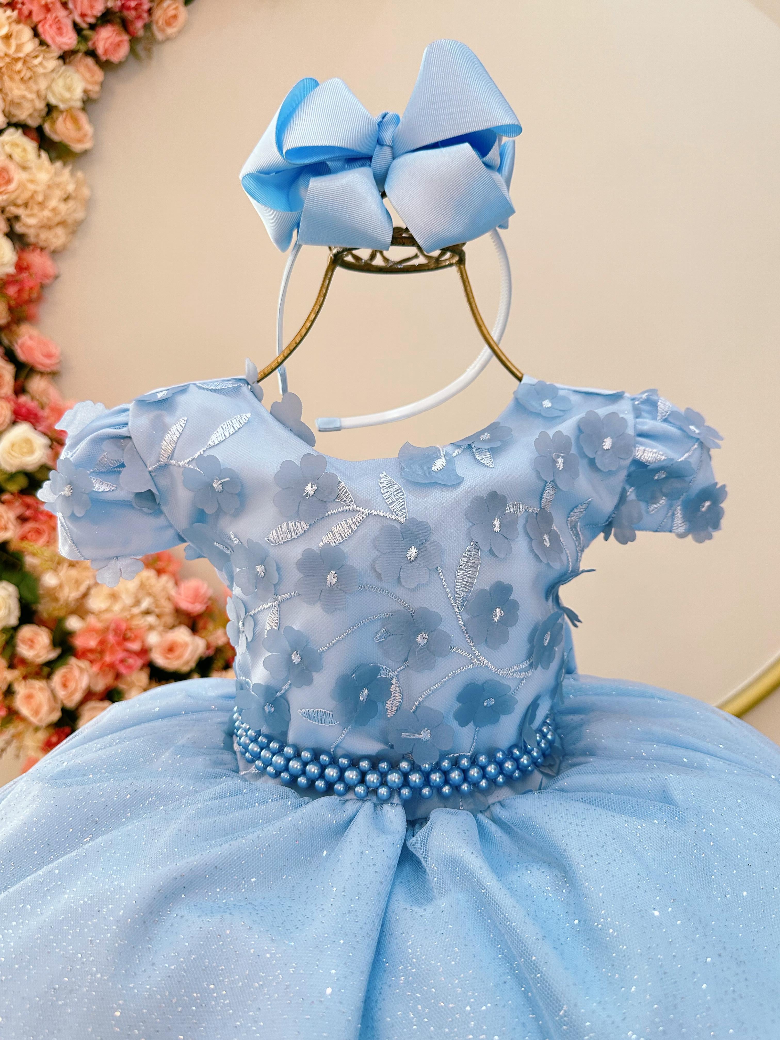 Vestido Infantil Azul Claro Saia C/ Glitter e Apliques Flores