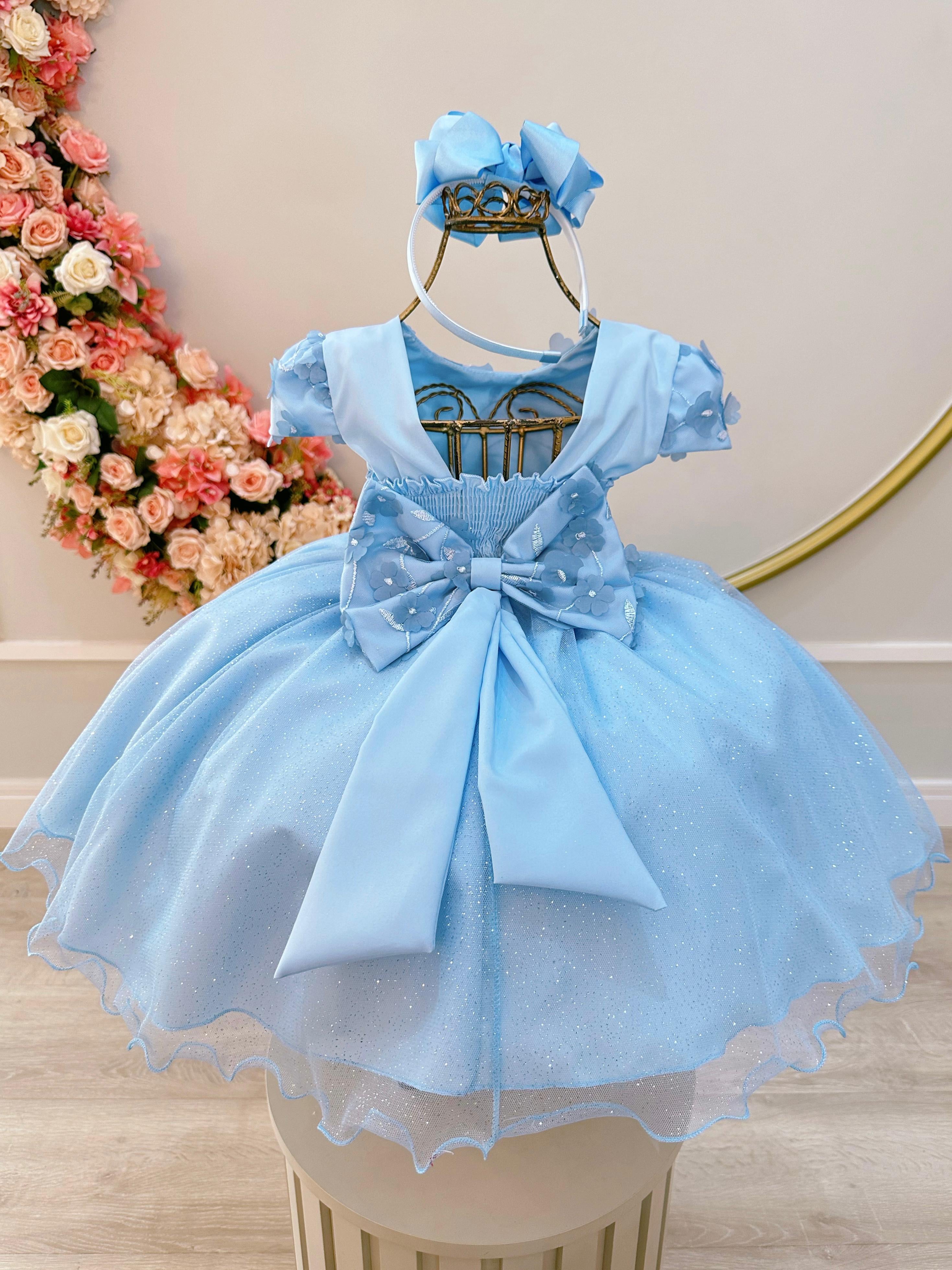 Vestido Infantil Azul Claro Saia C/ Glitter e Apliques Flores