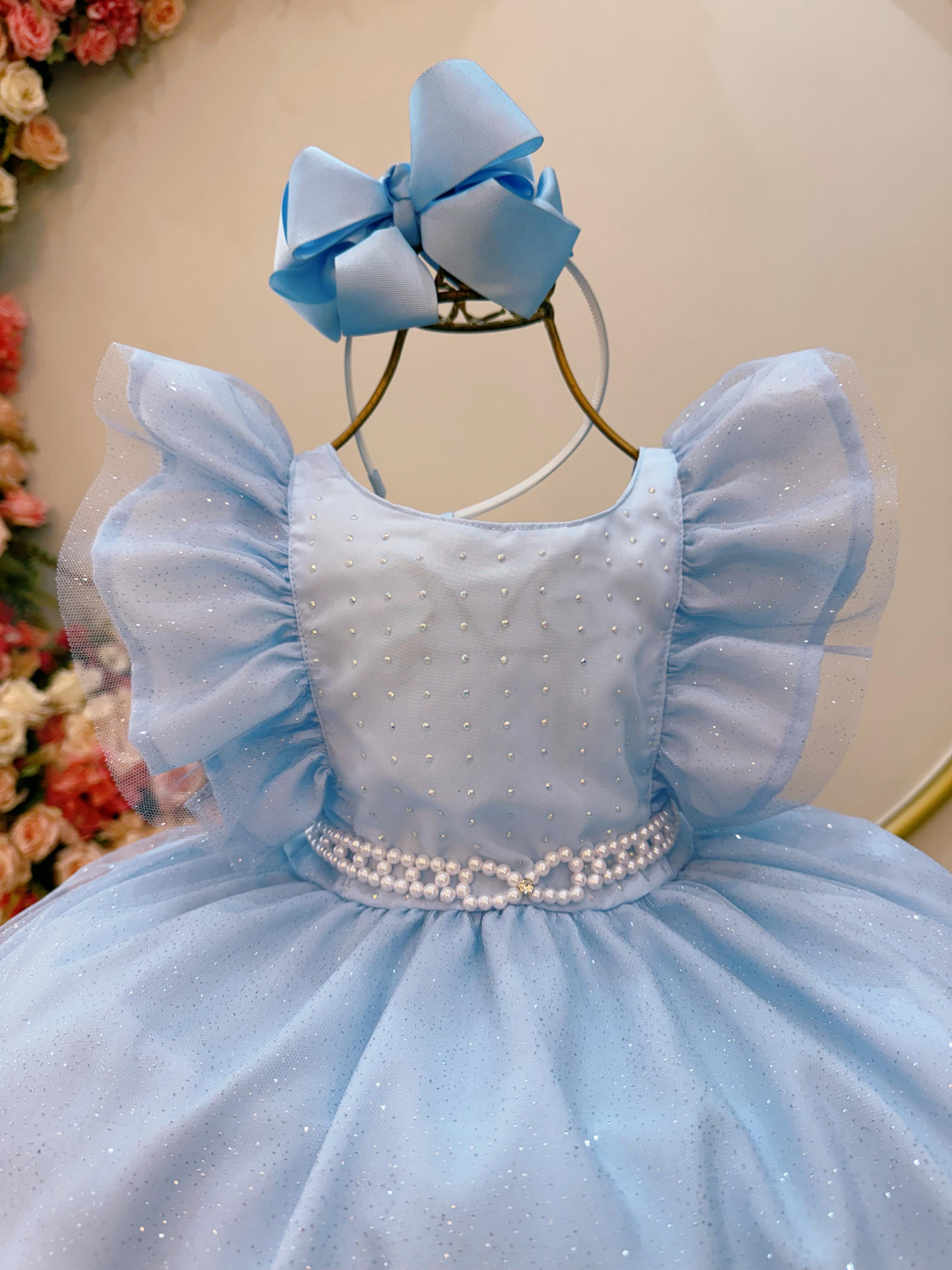 Vestido Infantil Azul Princesas Frozen Anna e Elsa Festas