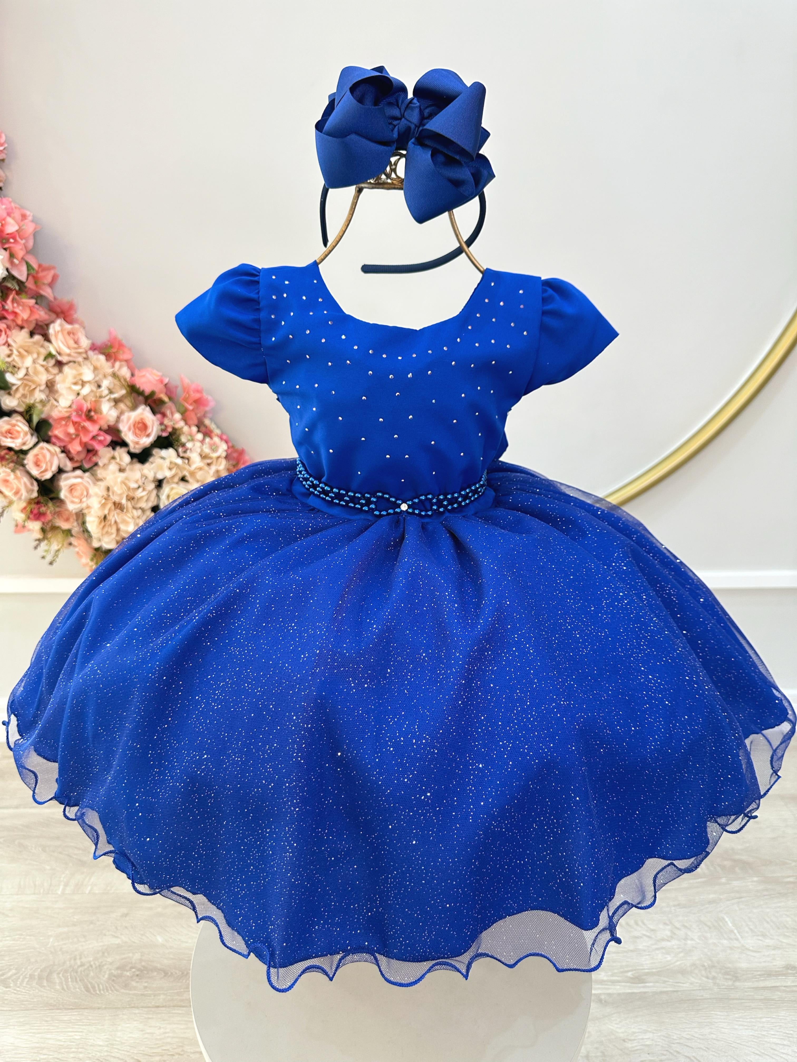 Vestido Infantil Azul Royal Busto C/ Strass Festas Daminhas