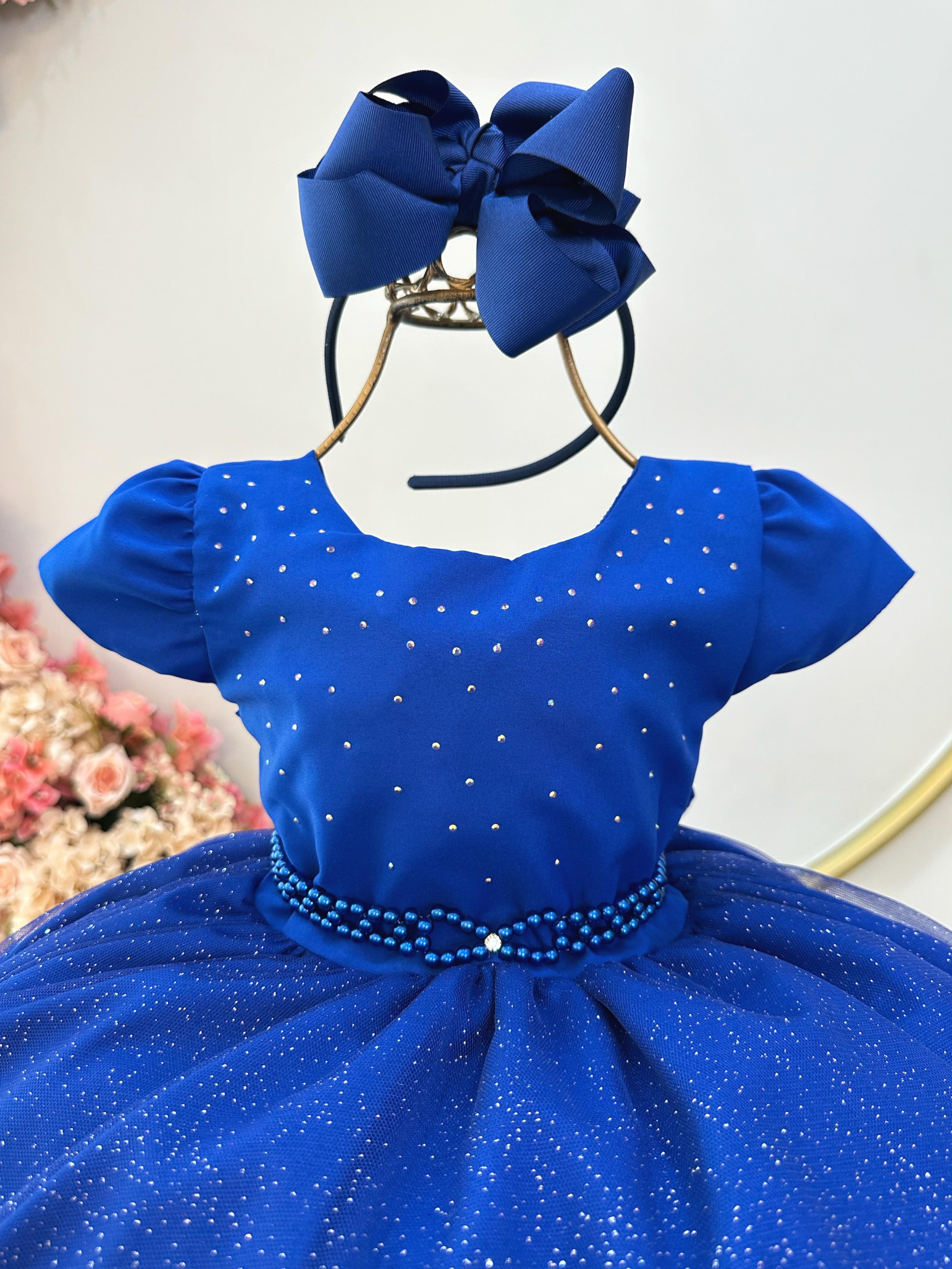 Vestido Infantil Azul Royal Busto C/ Strass Festas Daminhas