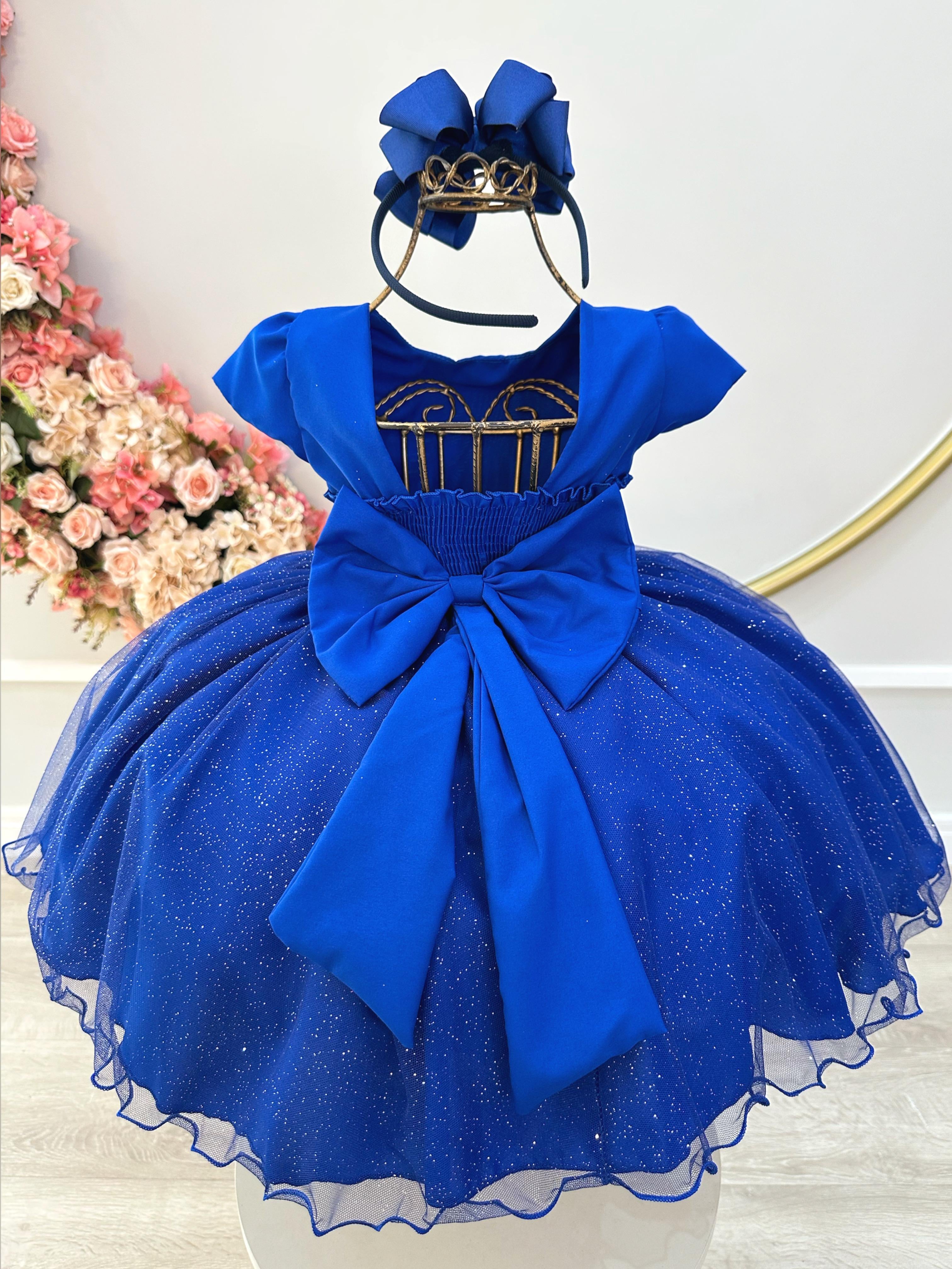 Vestido Infantil Azul Royal Busto C/ Strass Festas Daminhas