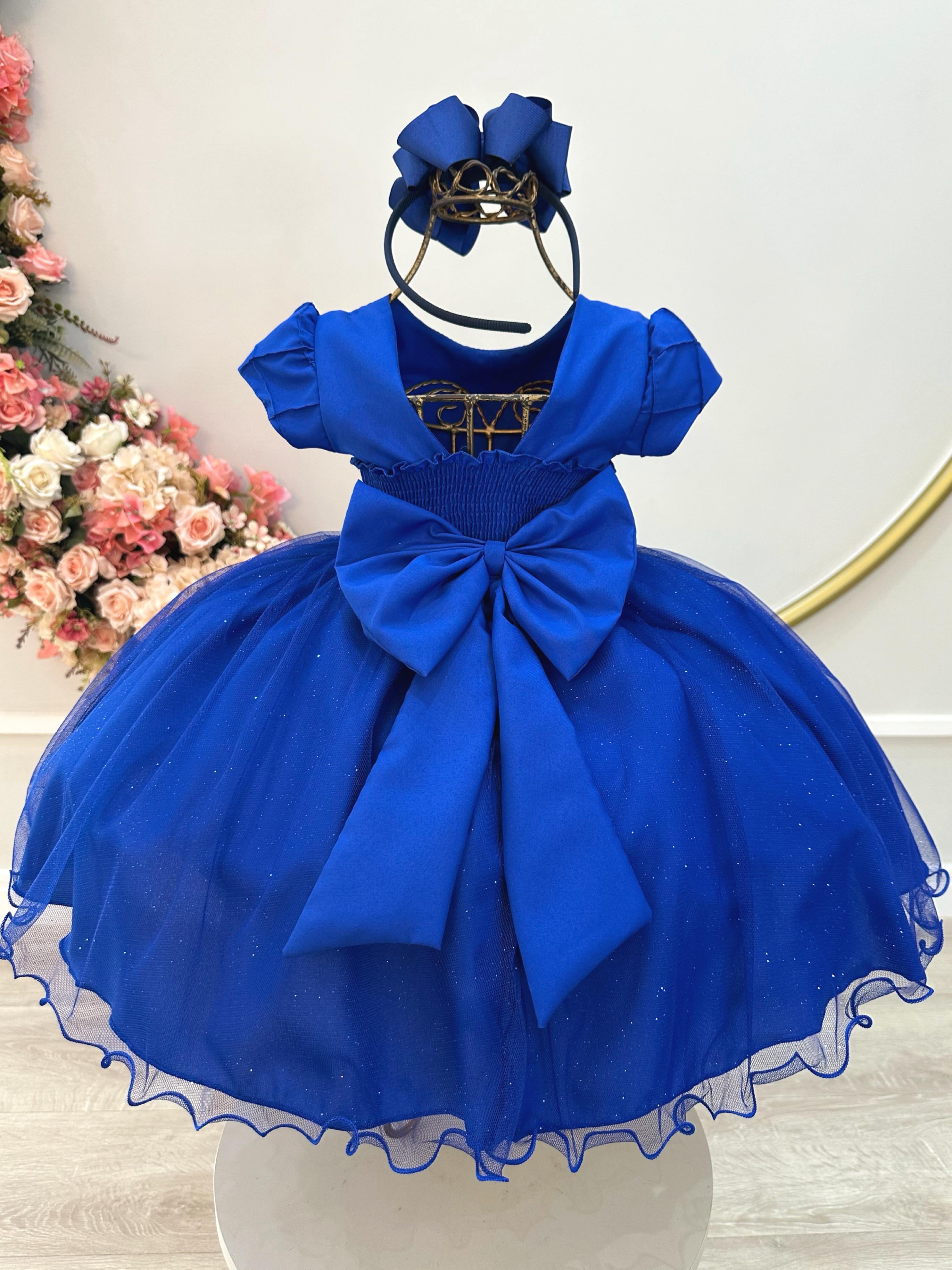 Vestido Infantil Azul Royal Busto Nervura Festas Daminhas