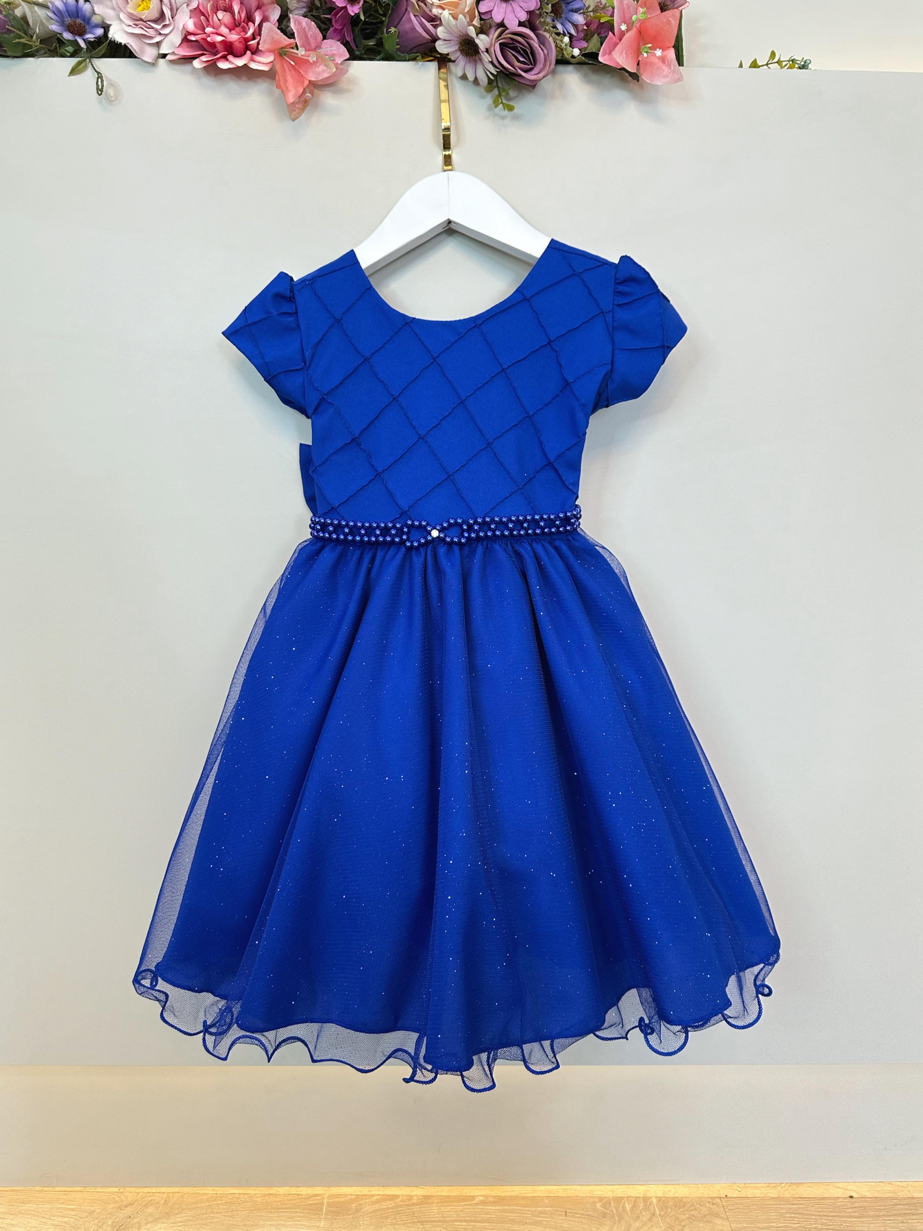 Vestido Infantil Azul Royal Busto Nervura Festas Daminhas