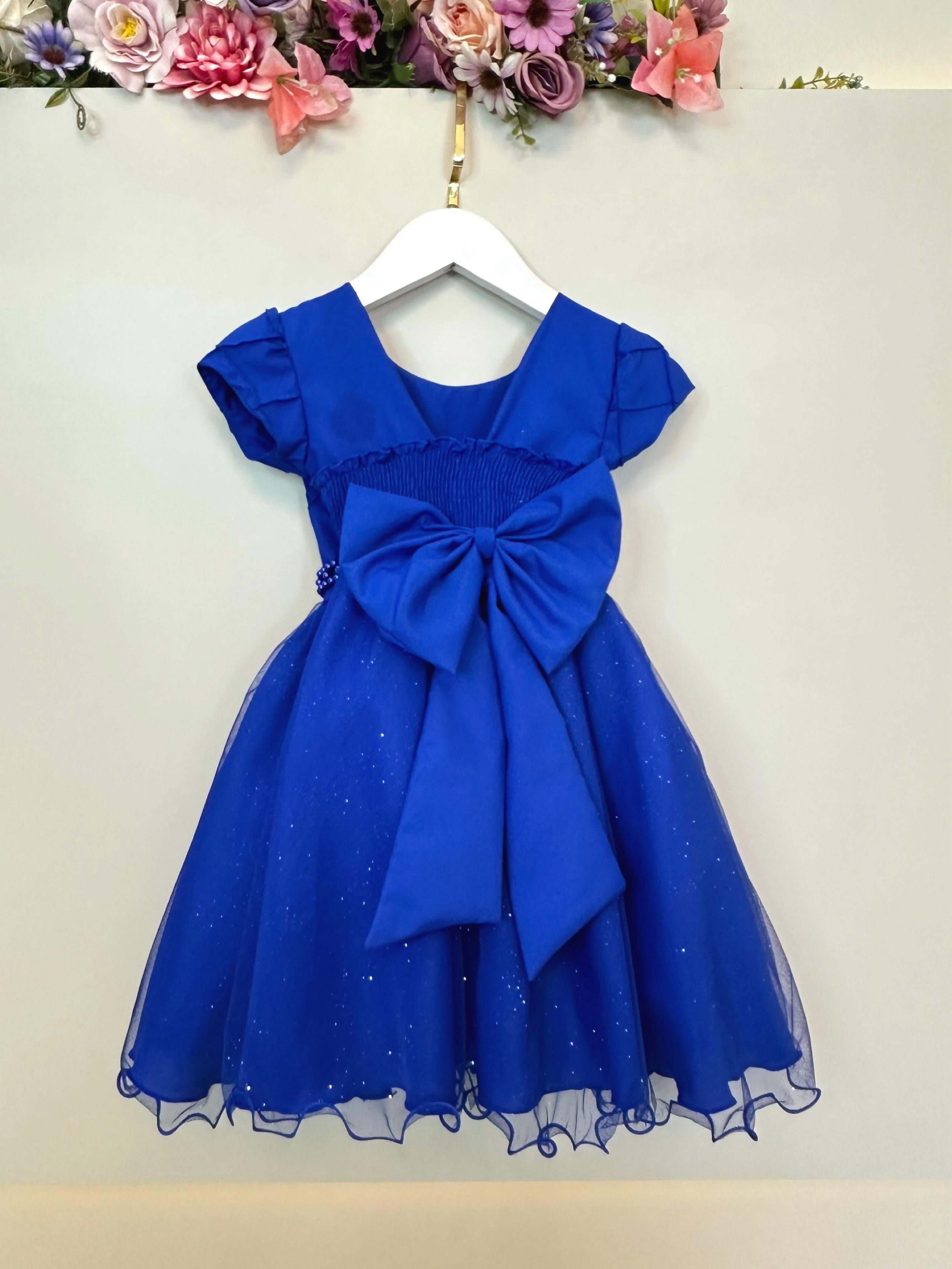 Vestido Infantil Azul Royal Busto Nervura Festas Daminhas
