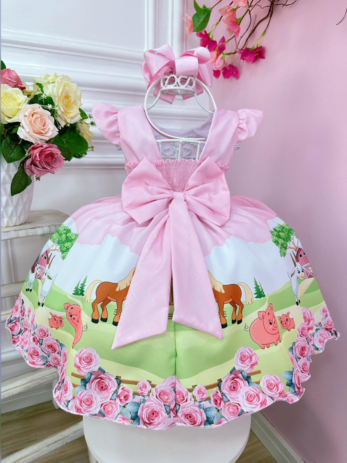 Vestido Infantil Baby Fazendinha Rosa C/ Cinto de Pérolas