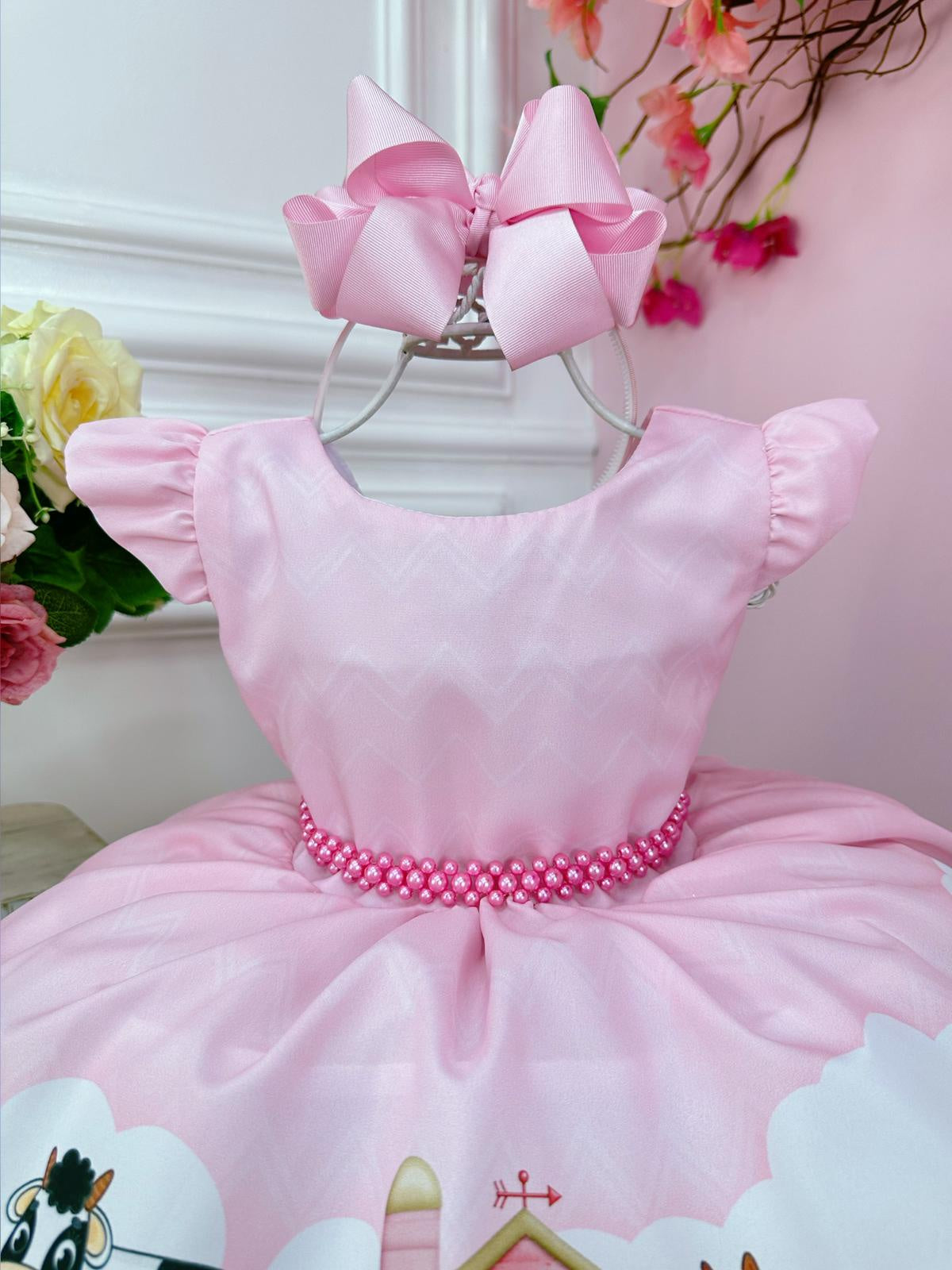 Vestido Infantil Baby Fazendinha Rosa C/ Cinto de Pérolas