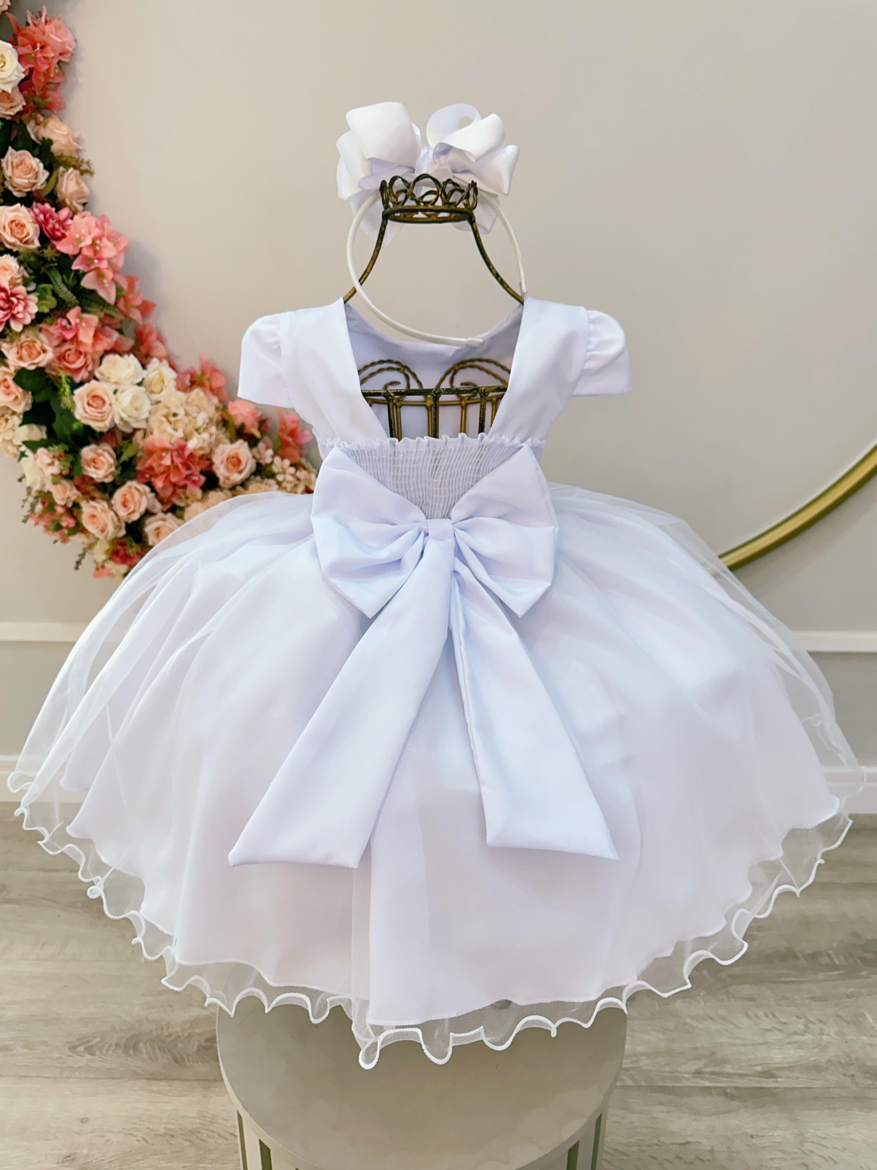 Vestido Infantil Branco Busto Bordado Flores e Pérolas Daminha