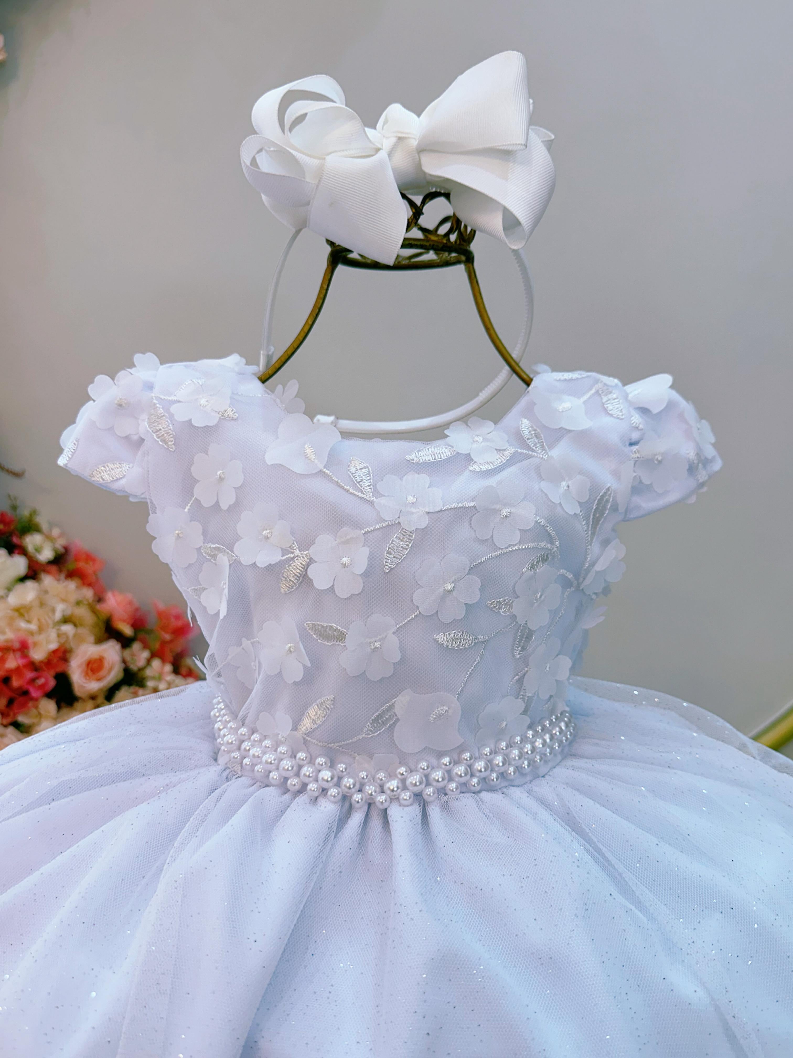 Vestido Infantil Branco C/ Renda Apliques Daminha Festas