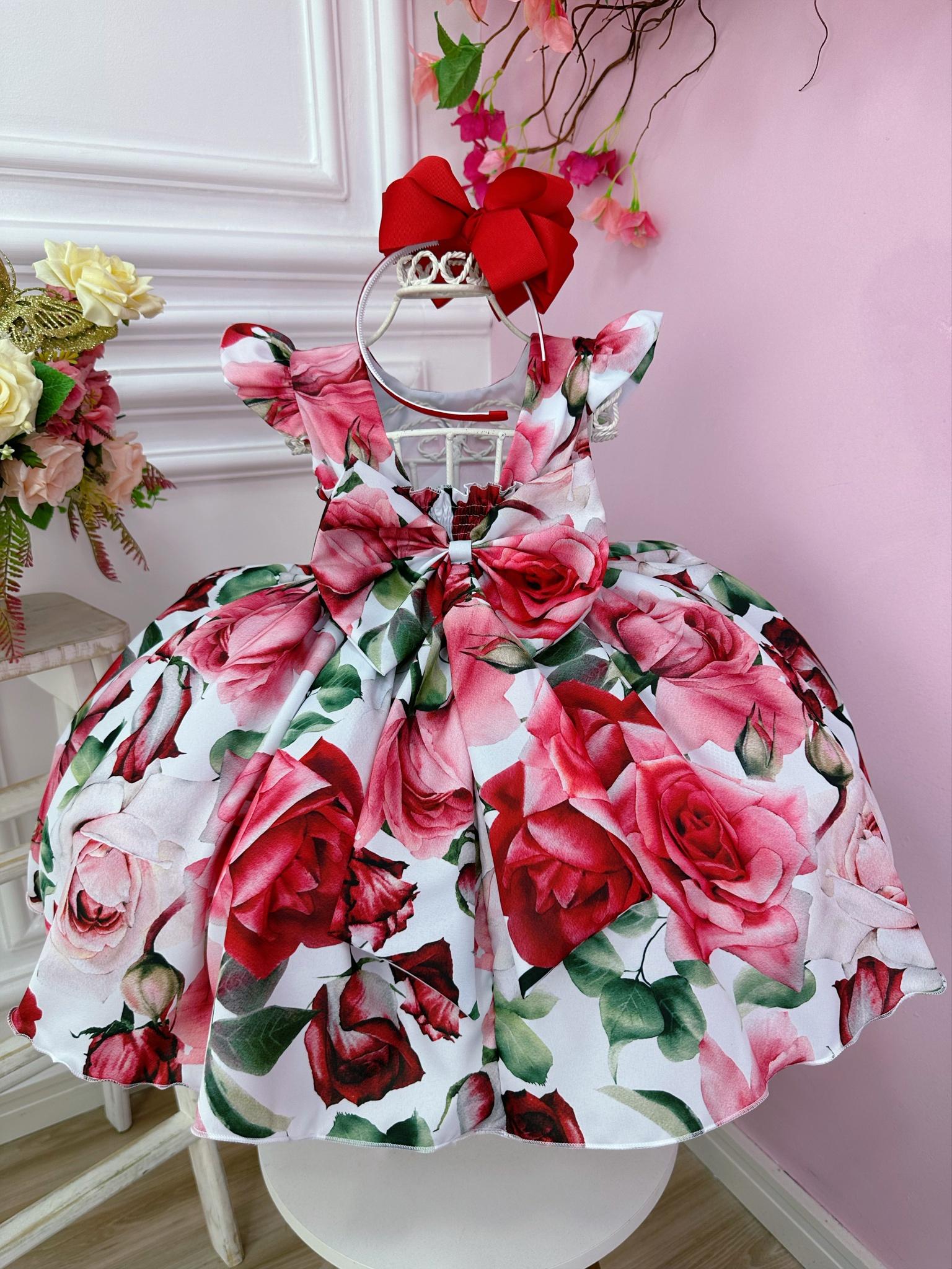 Vestido Infantil Branco Florido de Rosas Cinto Pérolas Festa