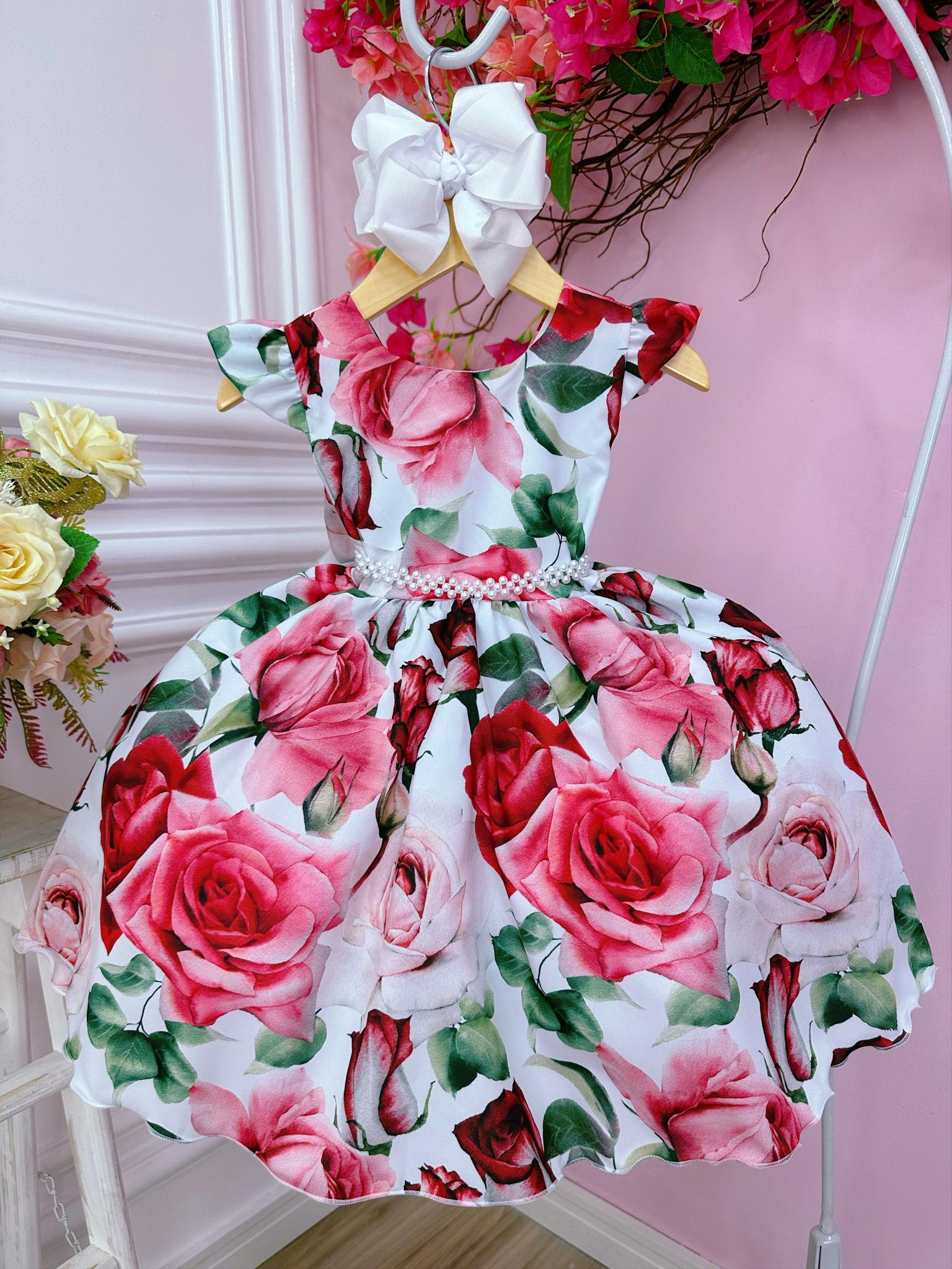 Vestido Infantil Branco Florido de Rosas Cinto Pérolas Festa