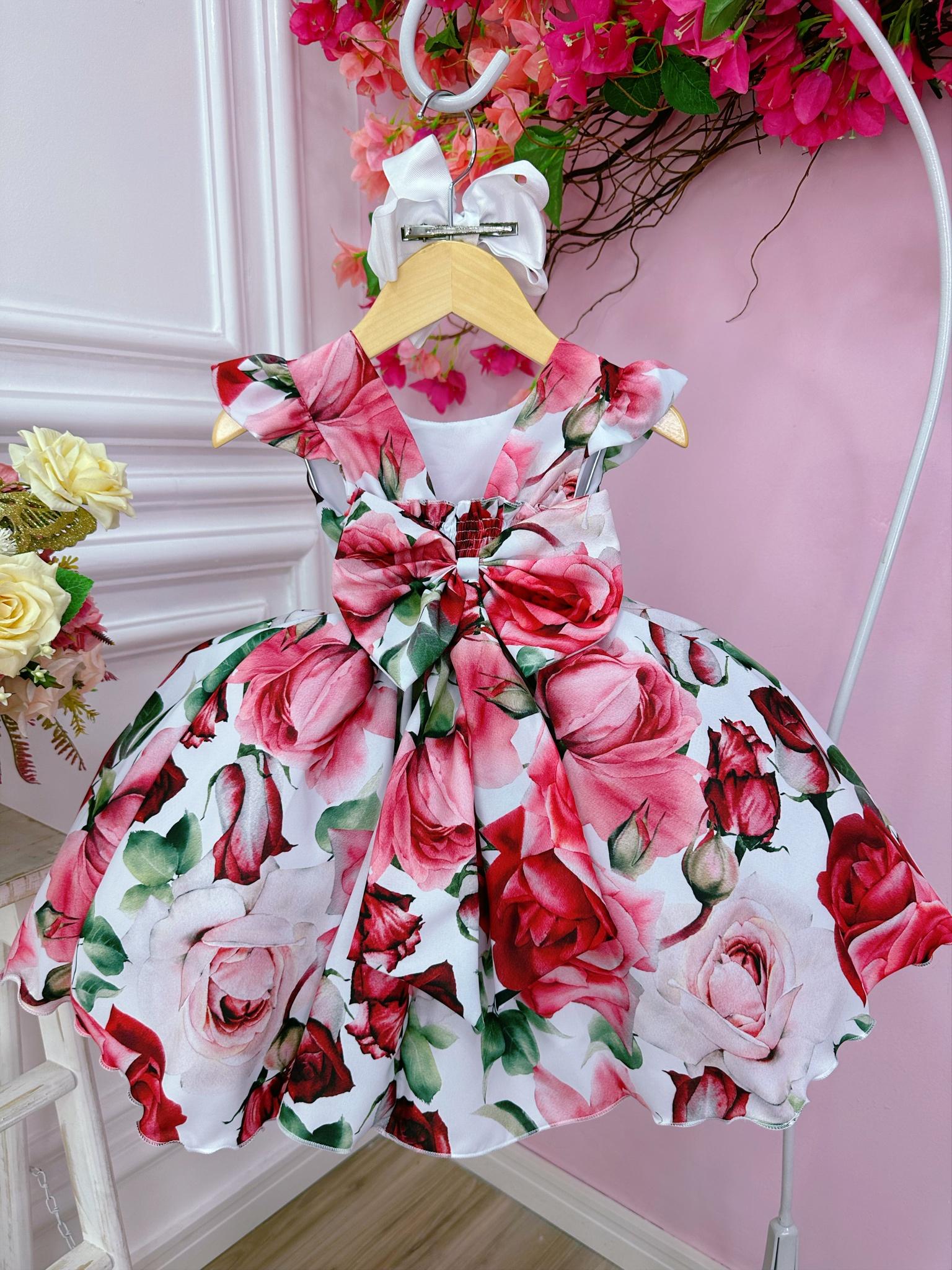 Vestido Infantil Branco Florido de Rosas Cinto Pérolas Festa