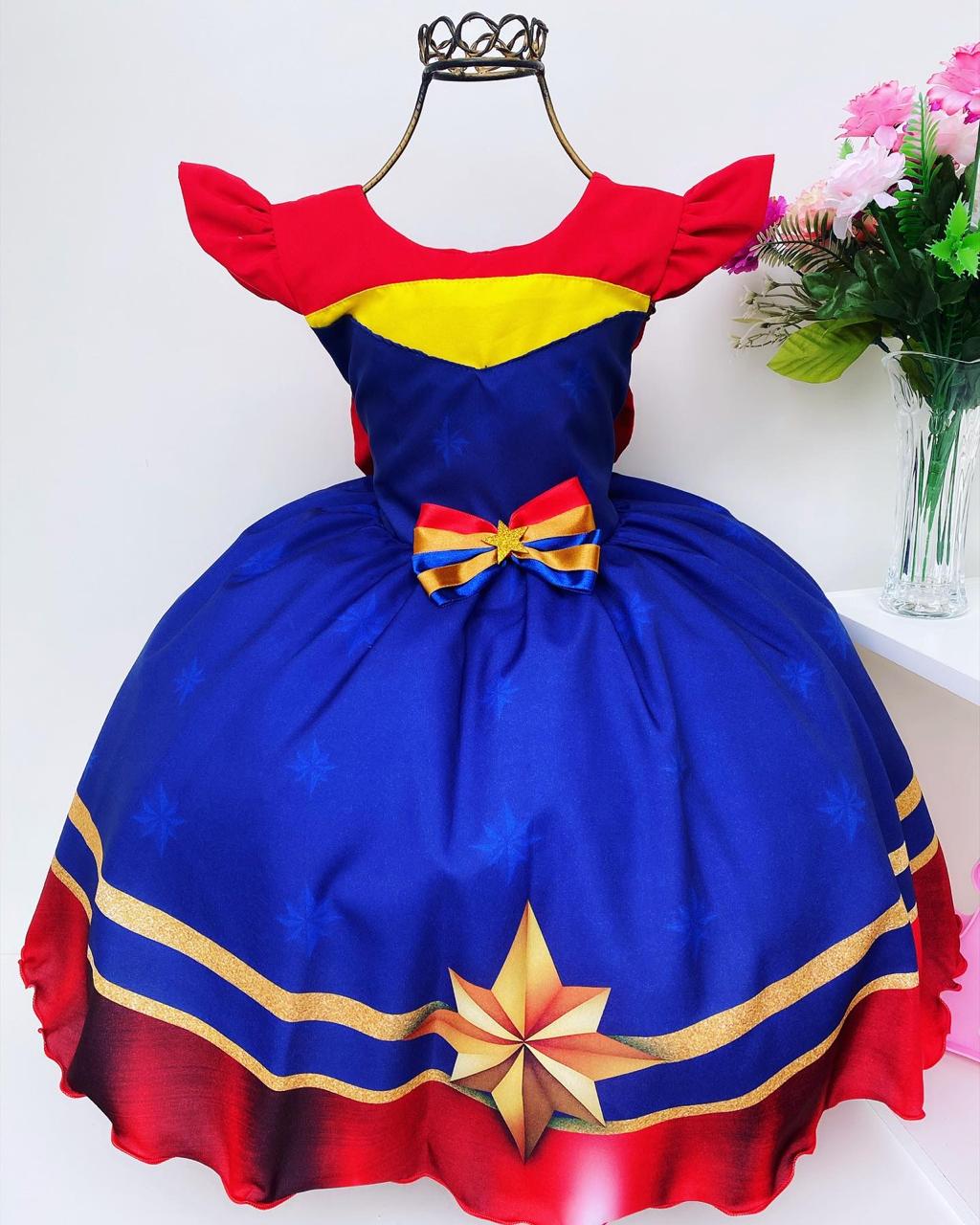 Vestido Infantil Capitã Marvel Mulher Maravilha Luxo 4 ao 12