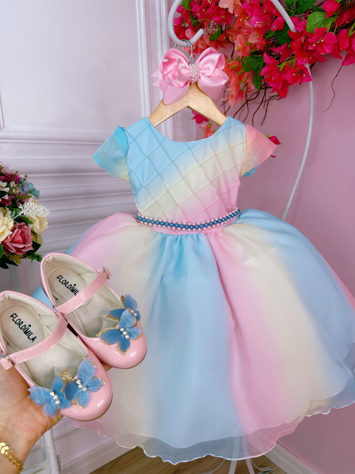 Vestido Infantil Chuva de Amor Bênçãos C/ Pérolas Luxo