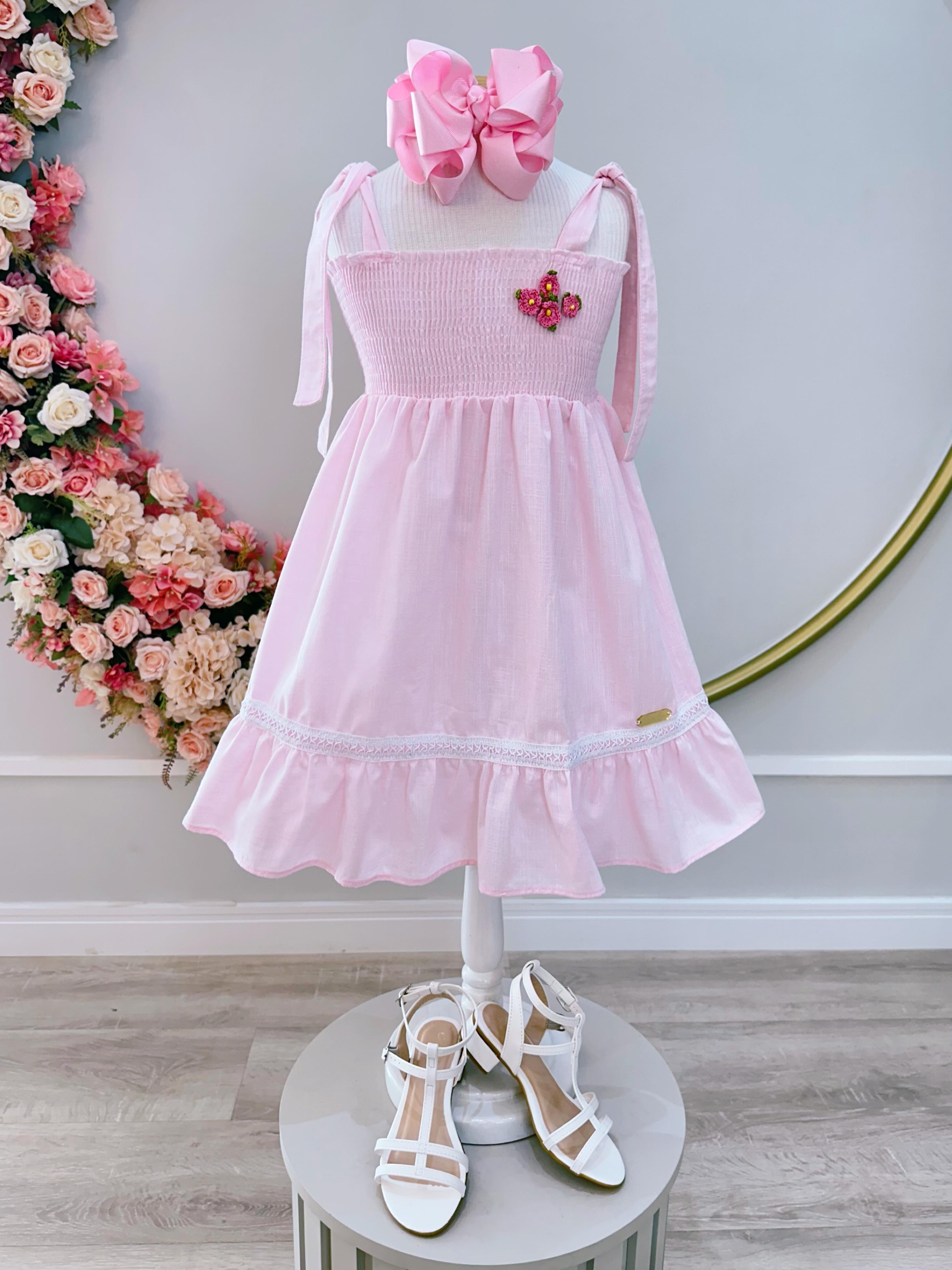 Vestido Infantil de Alça Rosa Claro Casual Festas Luxo