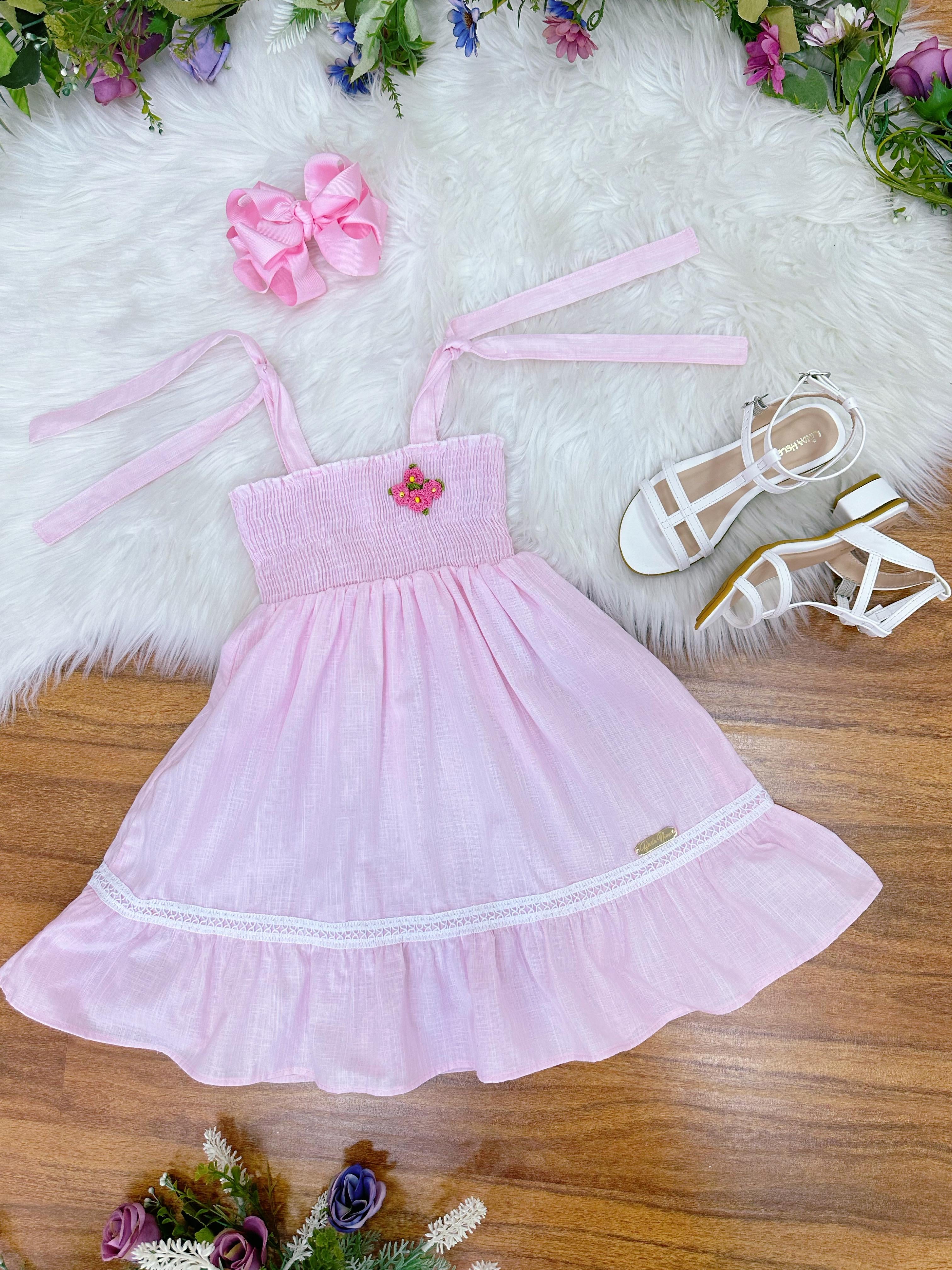 Vestido Infantil de Alça Rosa Claro Casual Festas Luxo