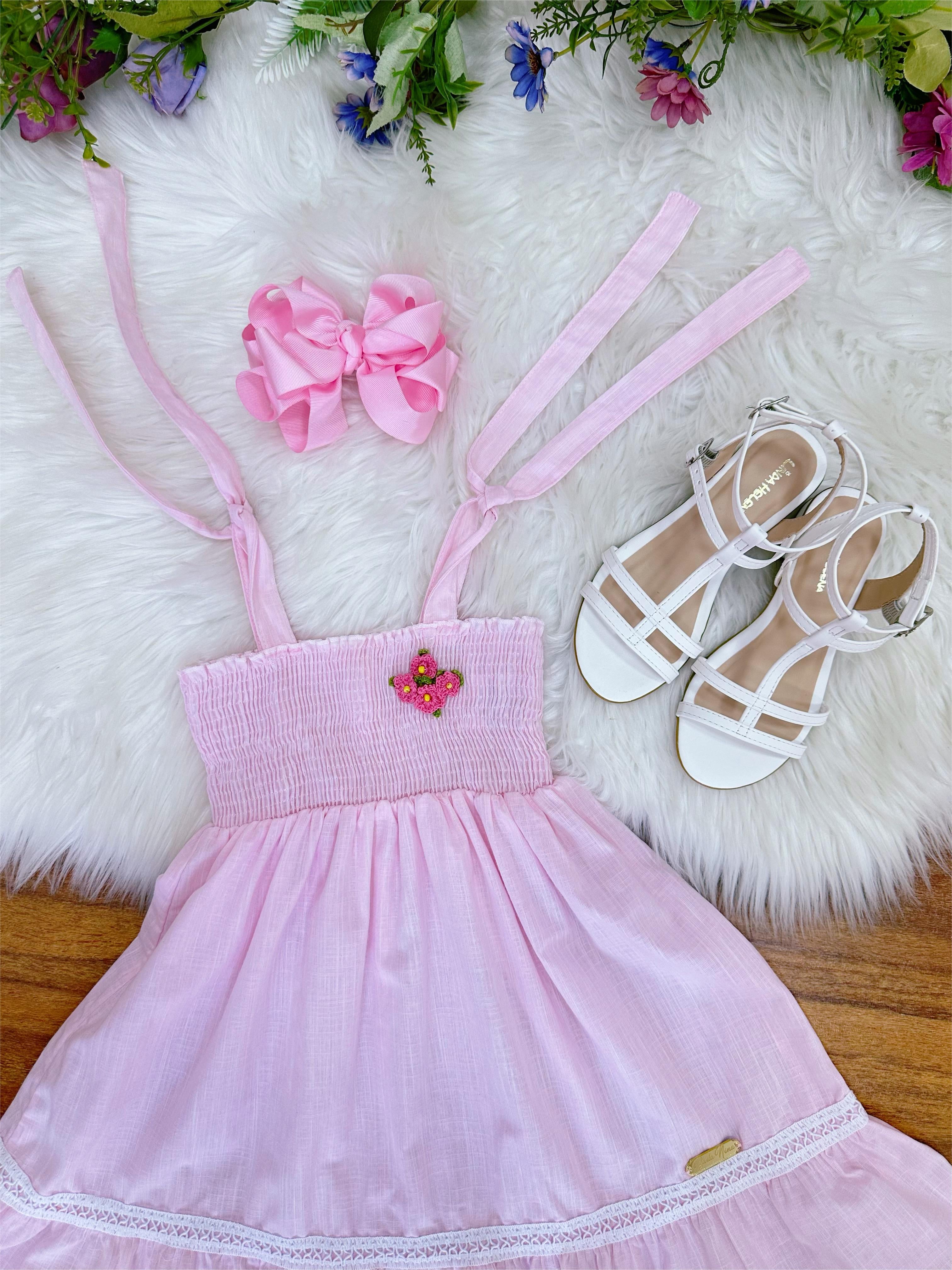 Vestido Infantil de Alça Rosa Claro Casual Festas Luxo