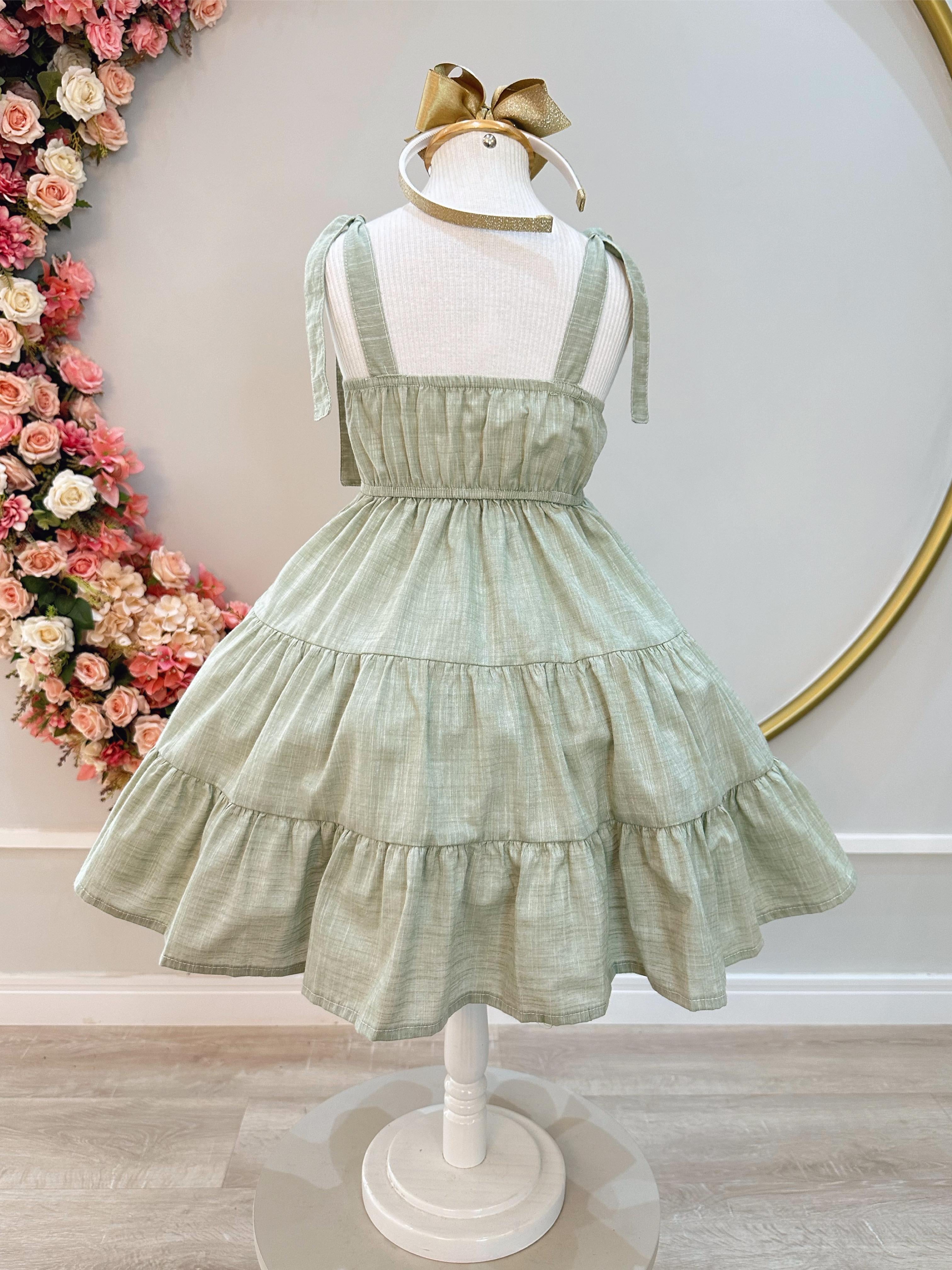 Vestido Infantil de Alça Verde Casual Festas Luxo