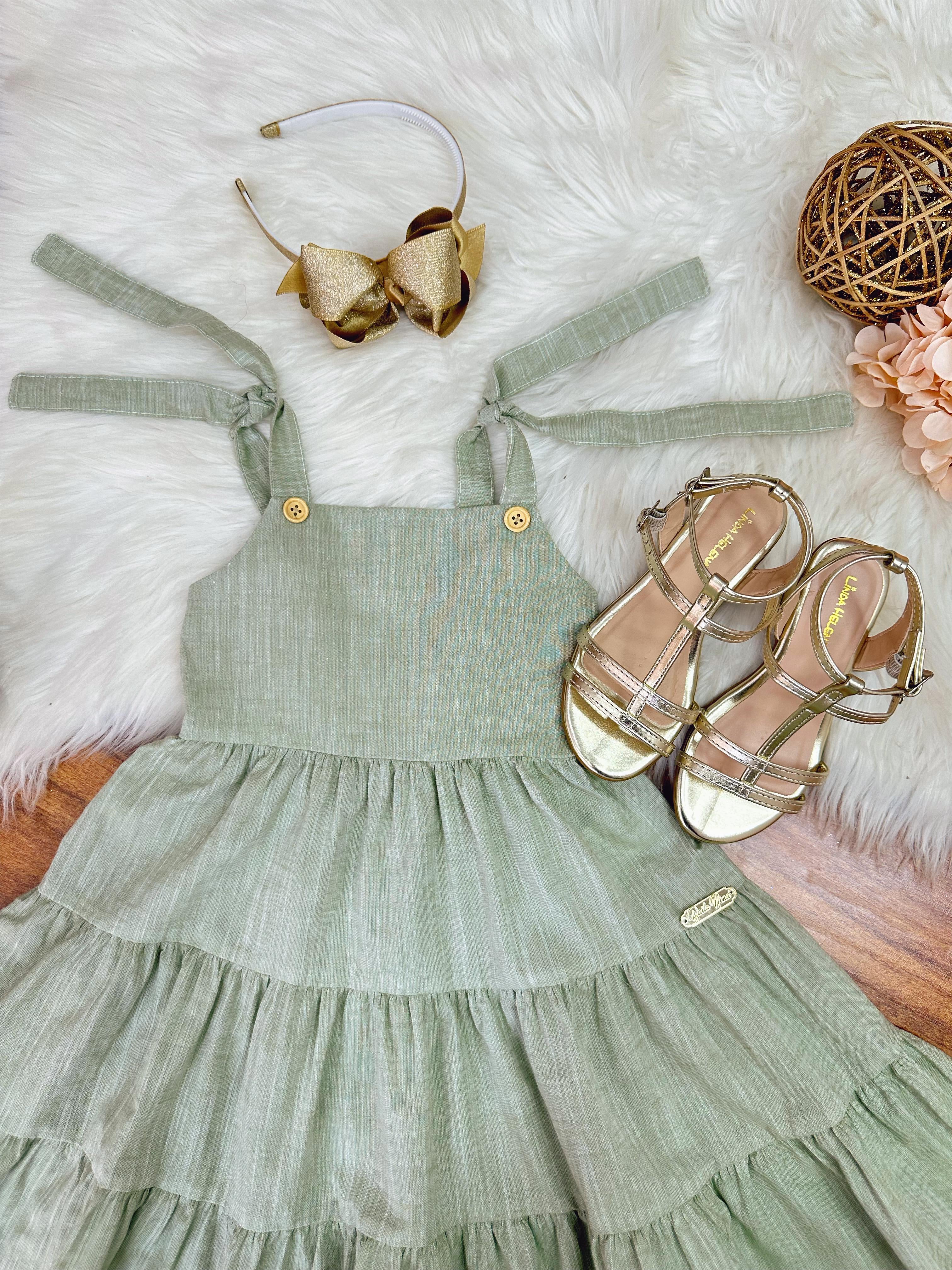 Vestido Infantil de Alça Verde Casual Festas Luxo