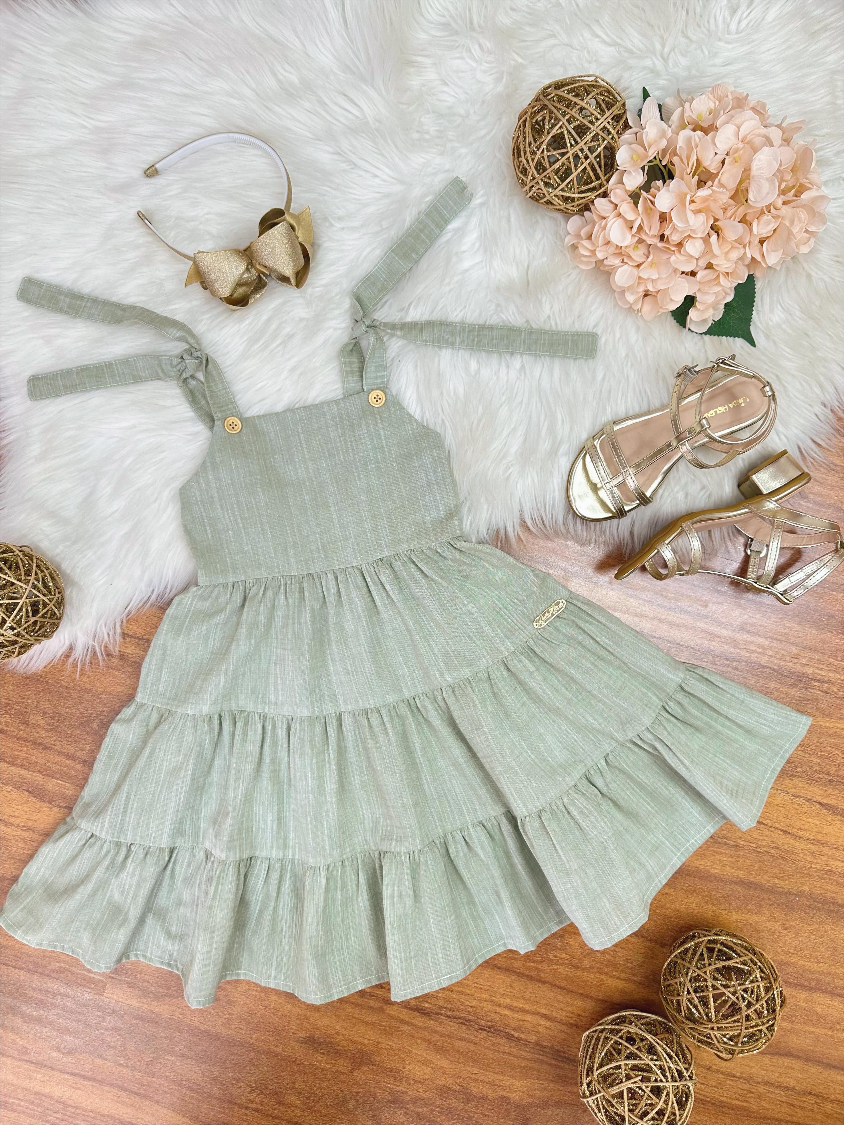 Vestido Infantil de Alça Verde Casual Festas Luxo
