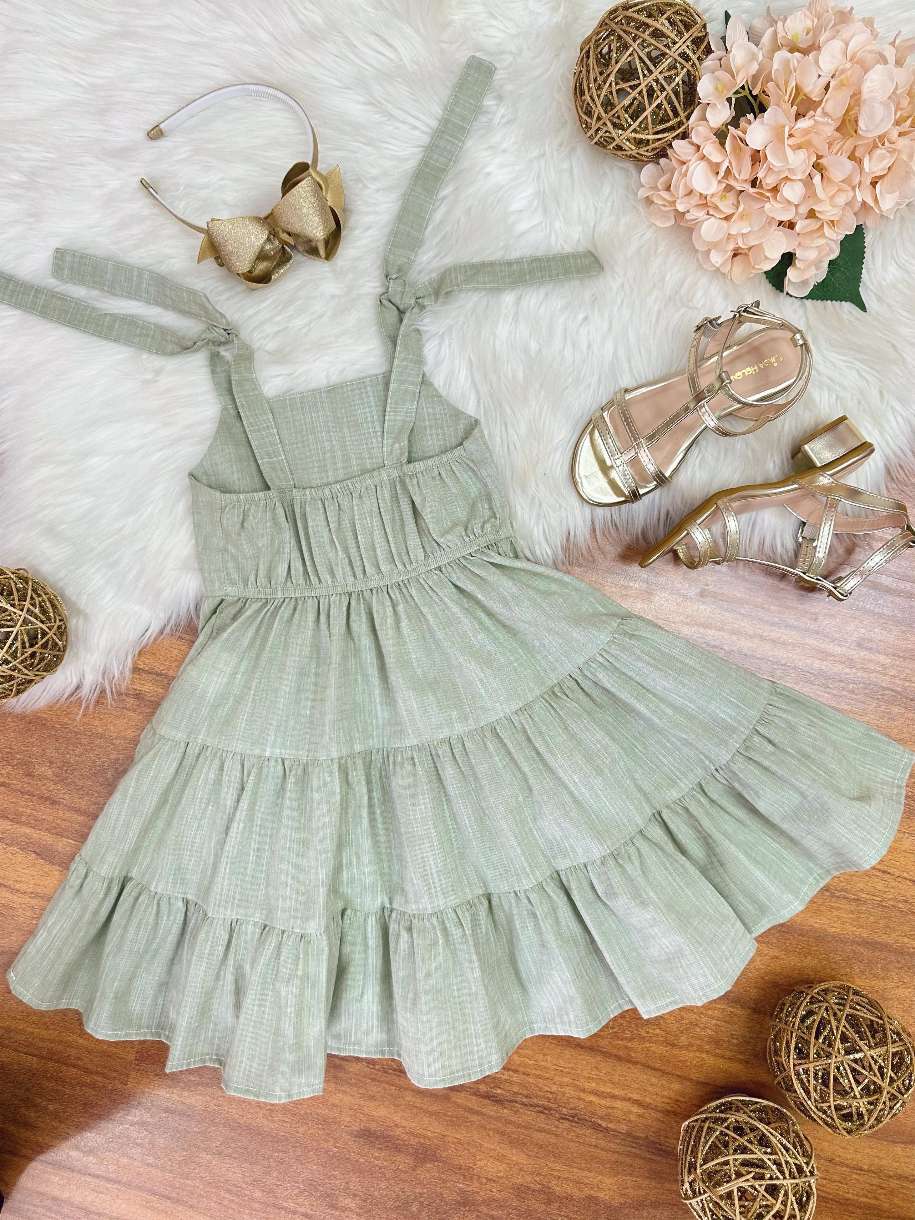 Vestido Infantil de Alça Verde Casual Festas Luxo