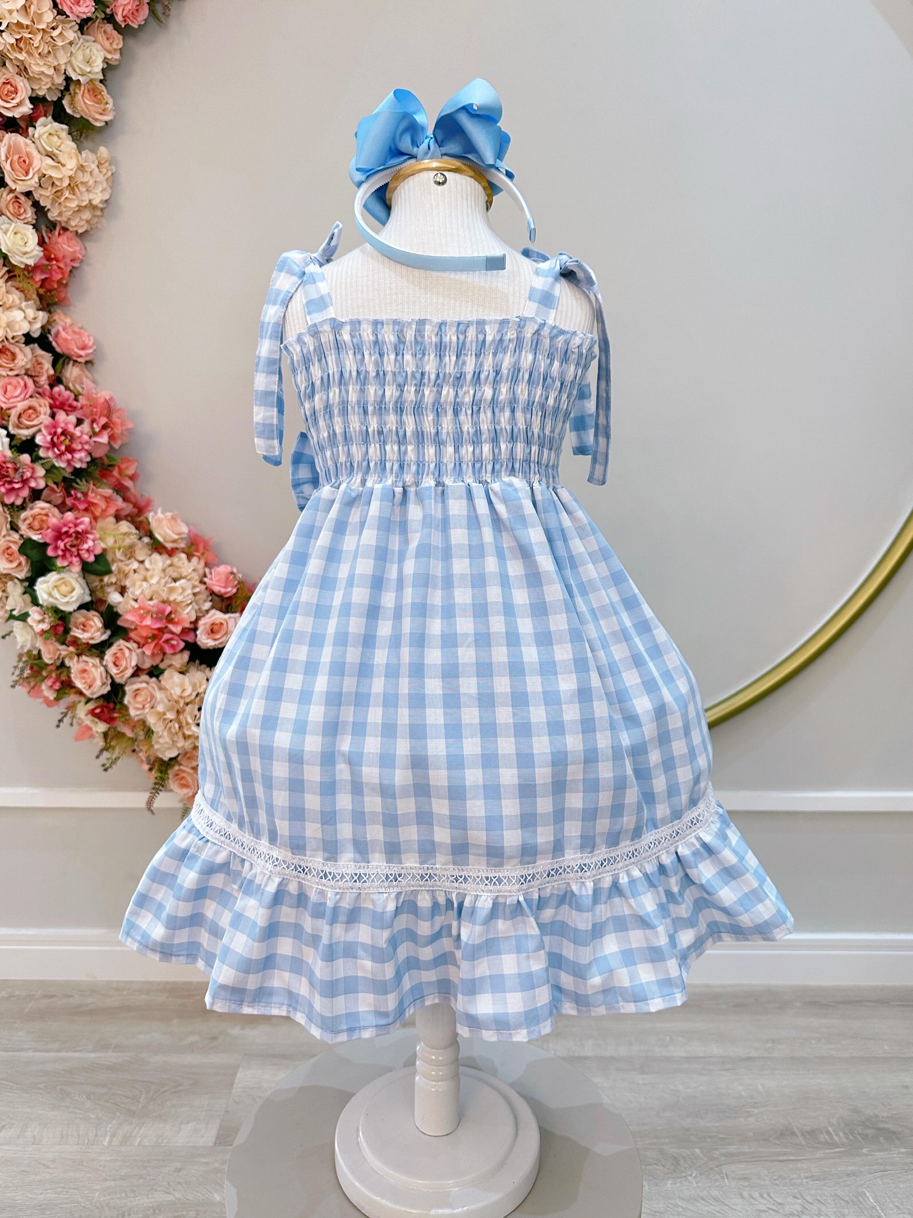 Vestido Infantil de Alça Xadrez Azul Claro C/ Broche Casual
