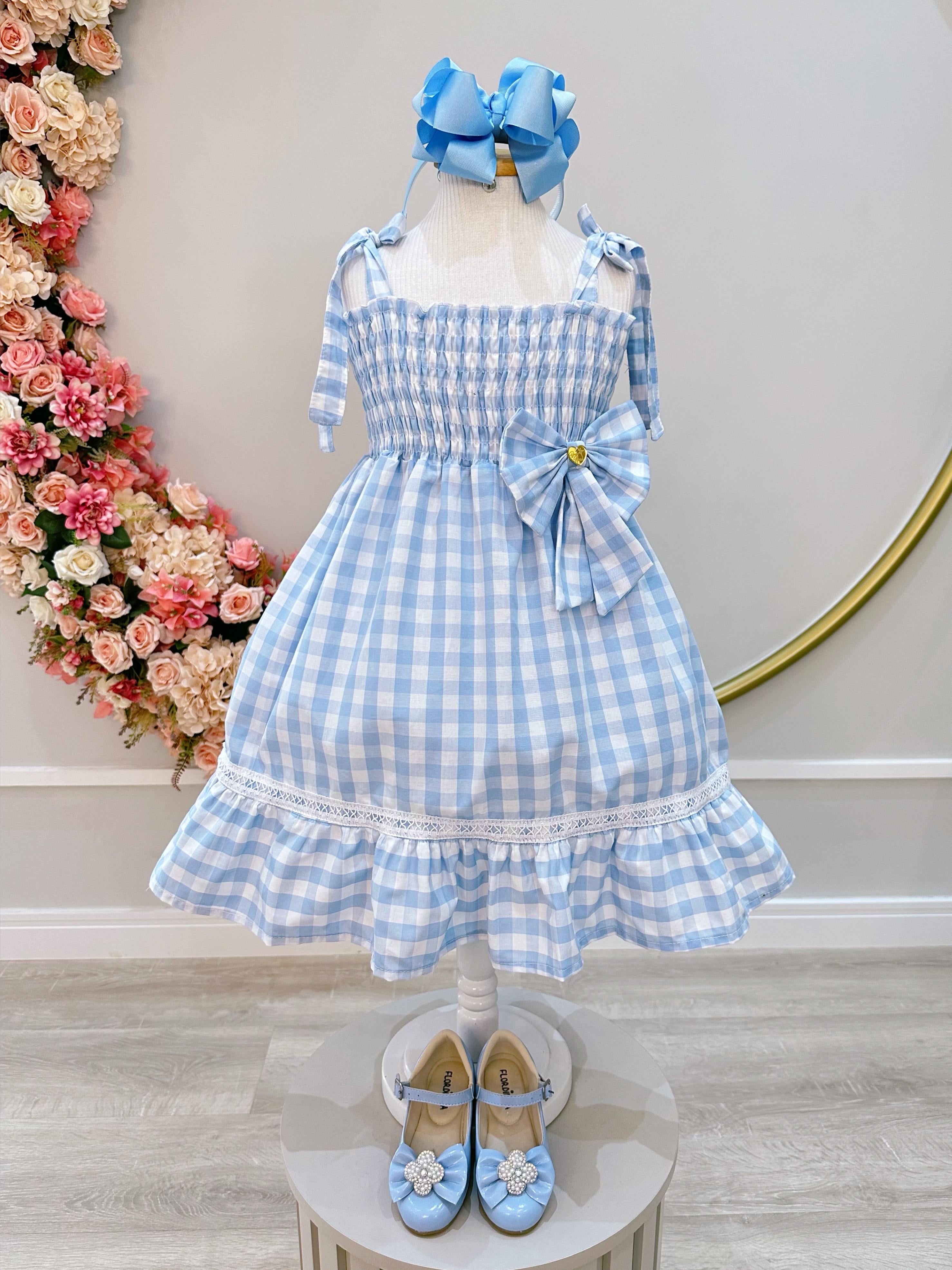Vestido Infantil de Alça Xadrez Azul Claro C/ Broche Casual
