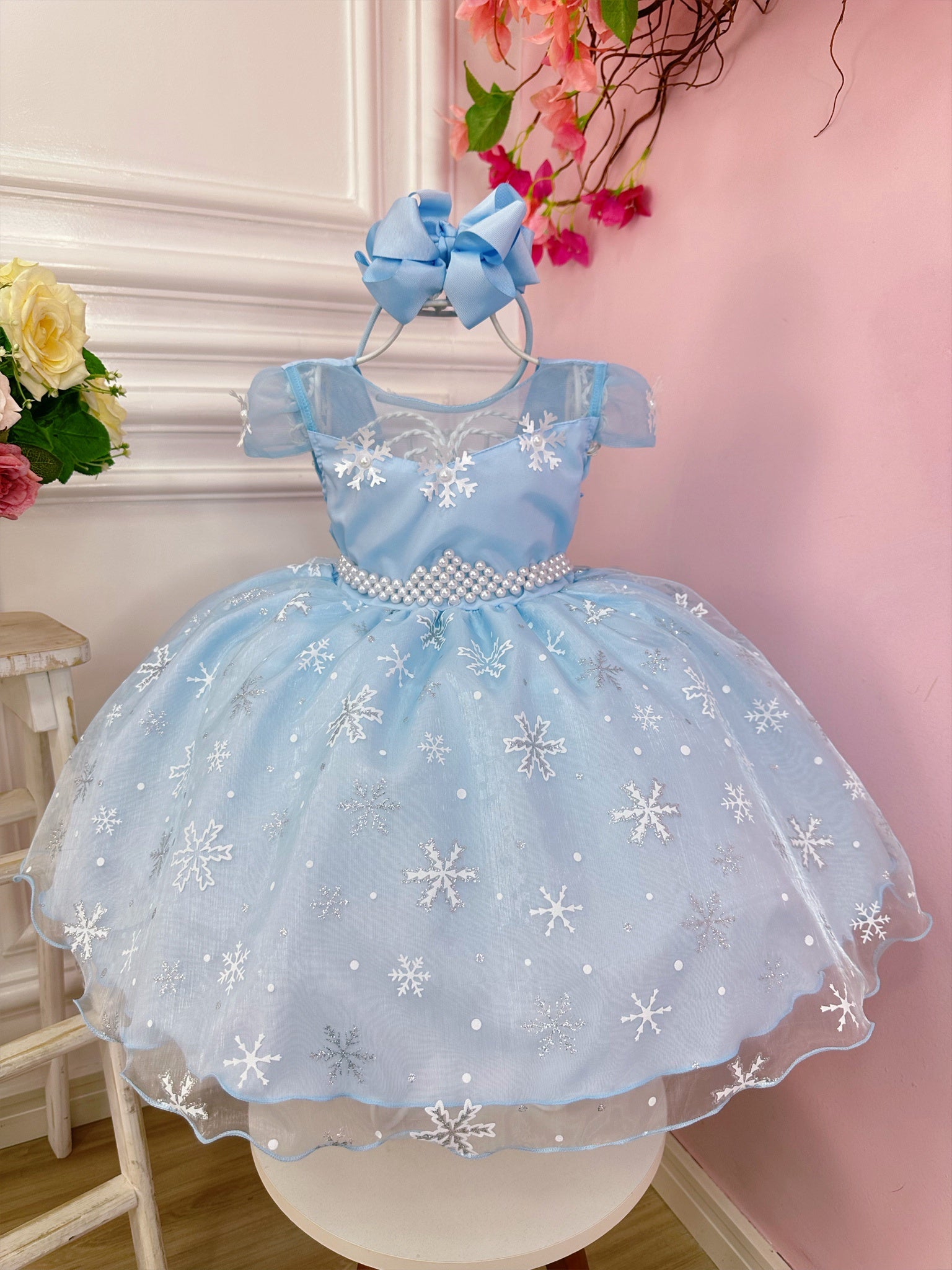 Vestido Infantil Frozen Princesas C/ Capa e Cinto de Pérolas