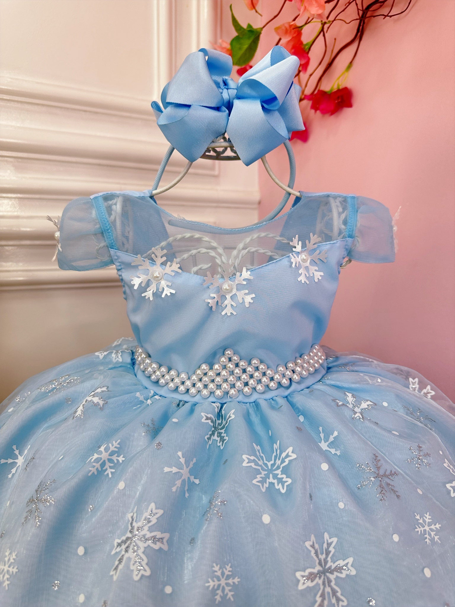 Vestido Infantil Frozen Princesas C/ Capa e Cinto de Pérolas