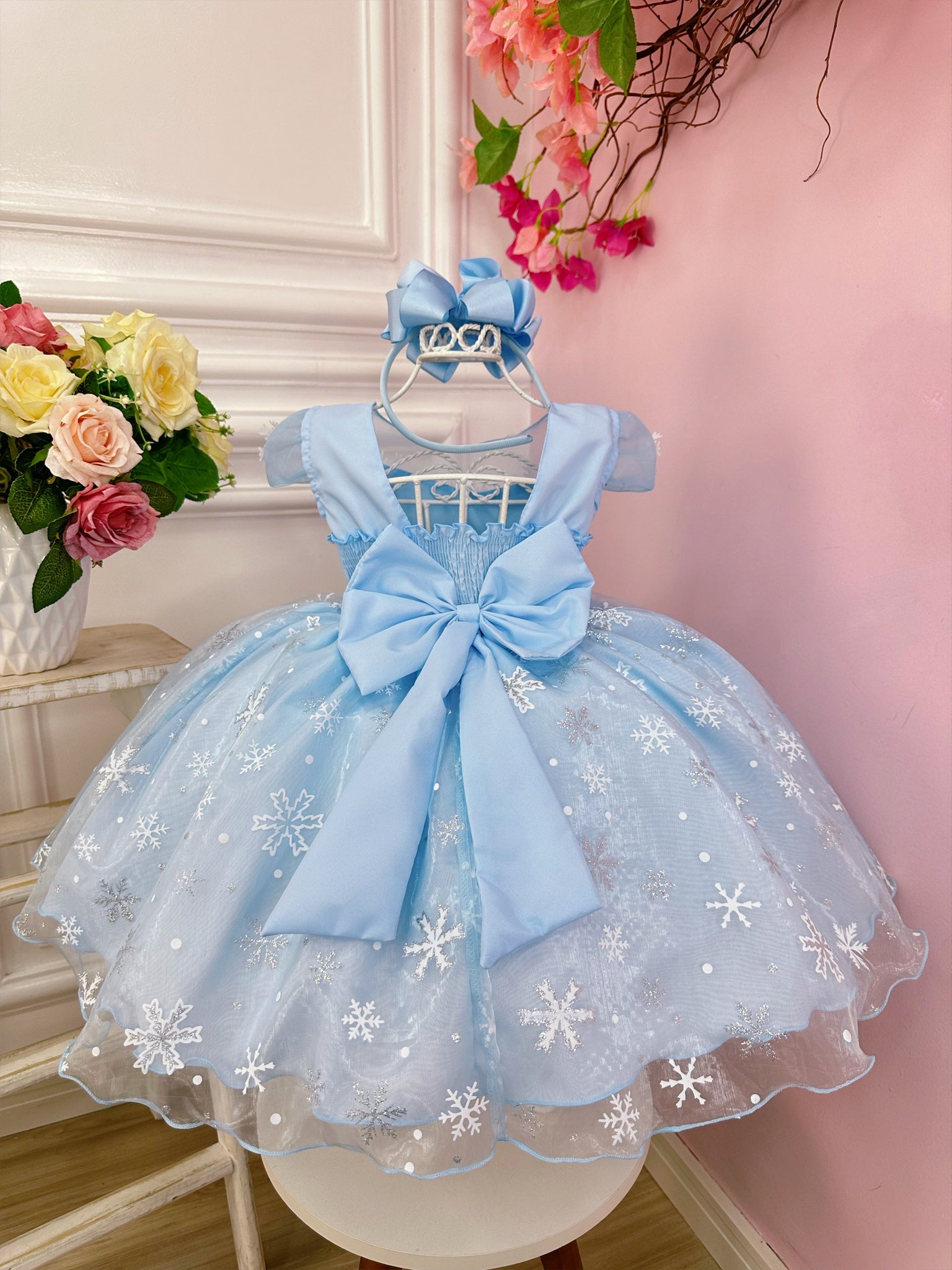 Vestido Infantil Frozen Princesas C/ Capa e Cinto de Pérolas