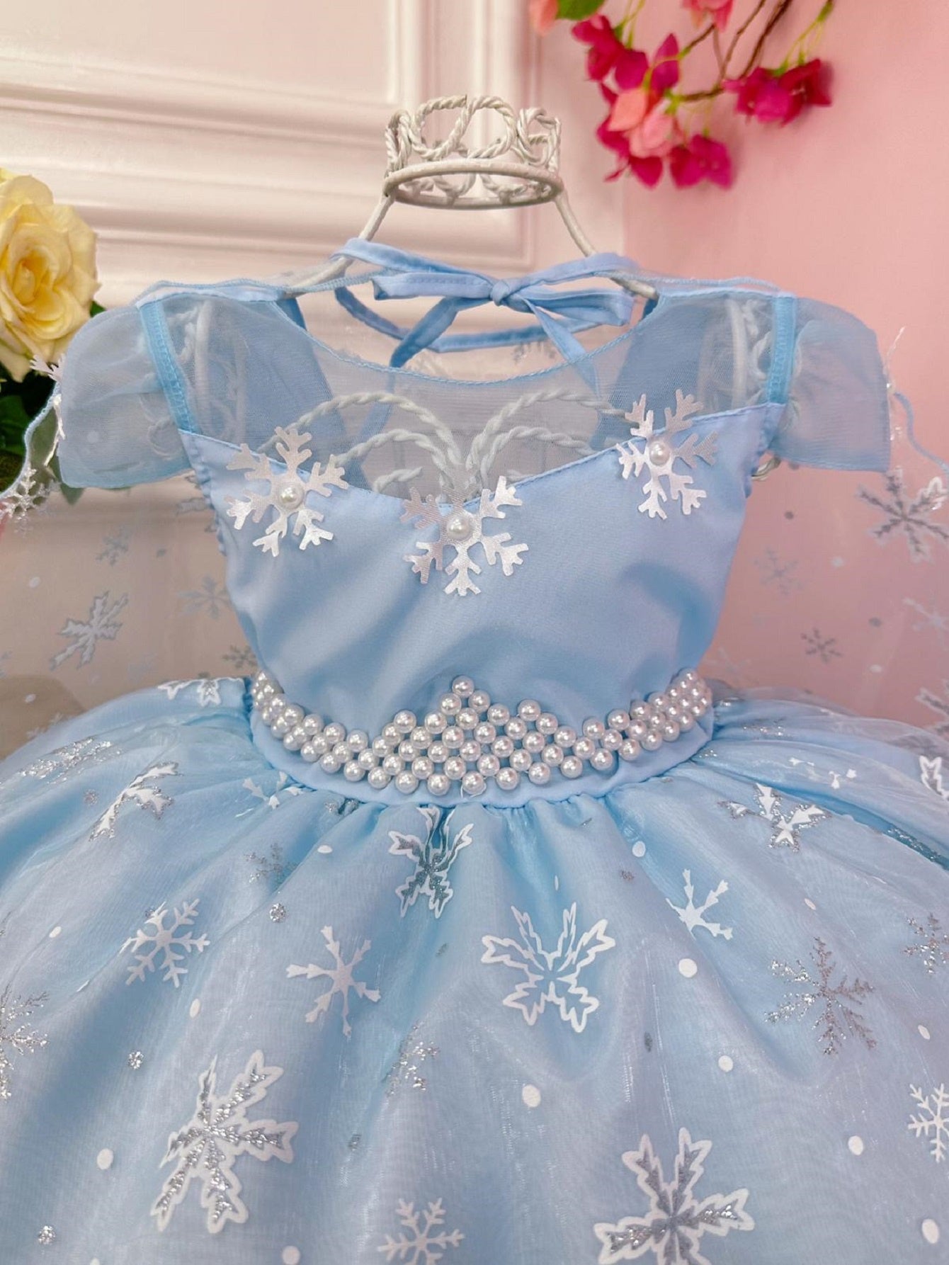 Vestido Infantil Frozen Princesas C/ Capa e Cinto de Pérolas