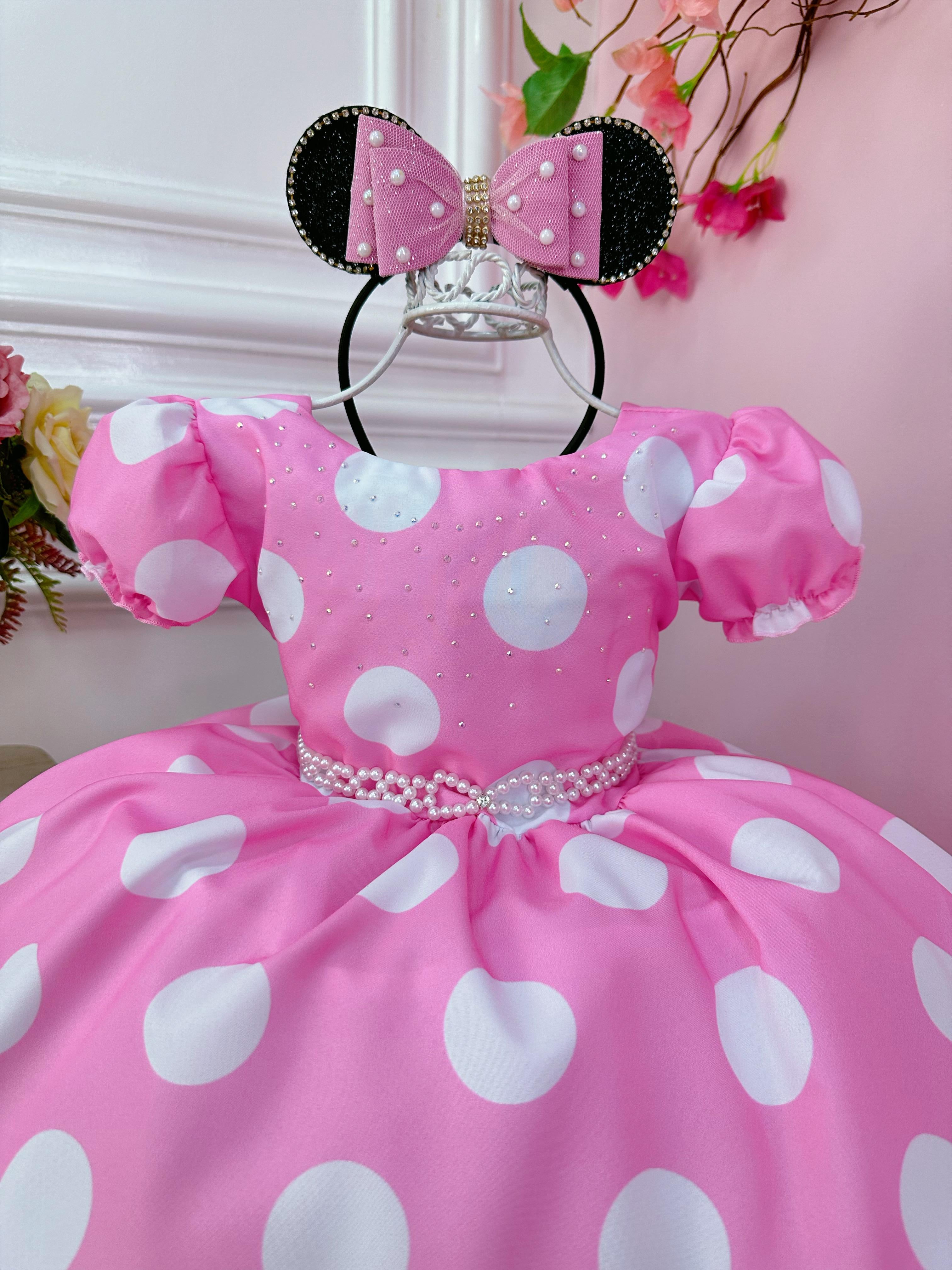 Vestido Infantil Minnie Rosa Busto Com Strass Festas