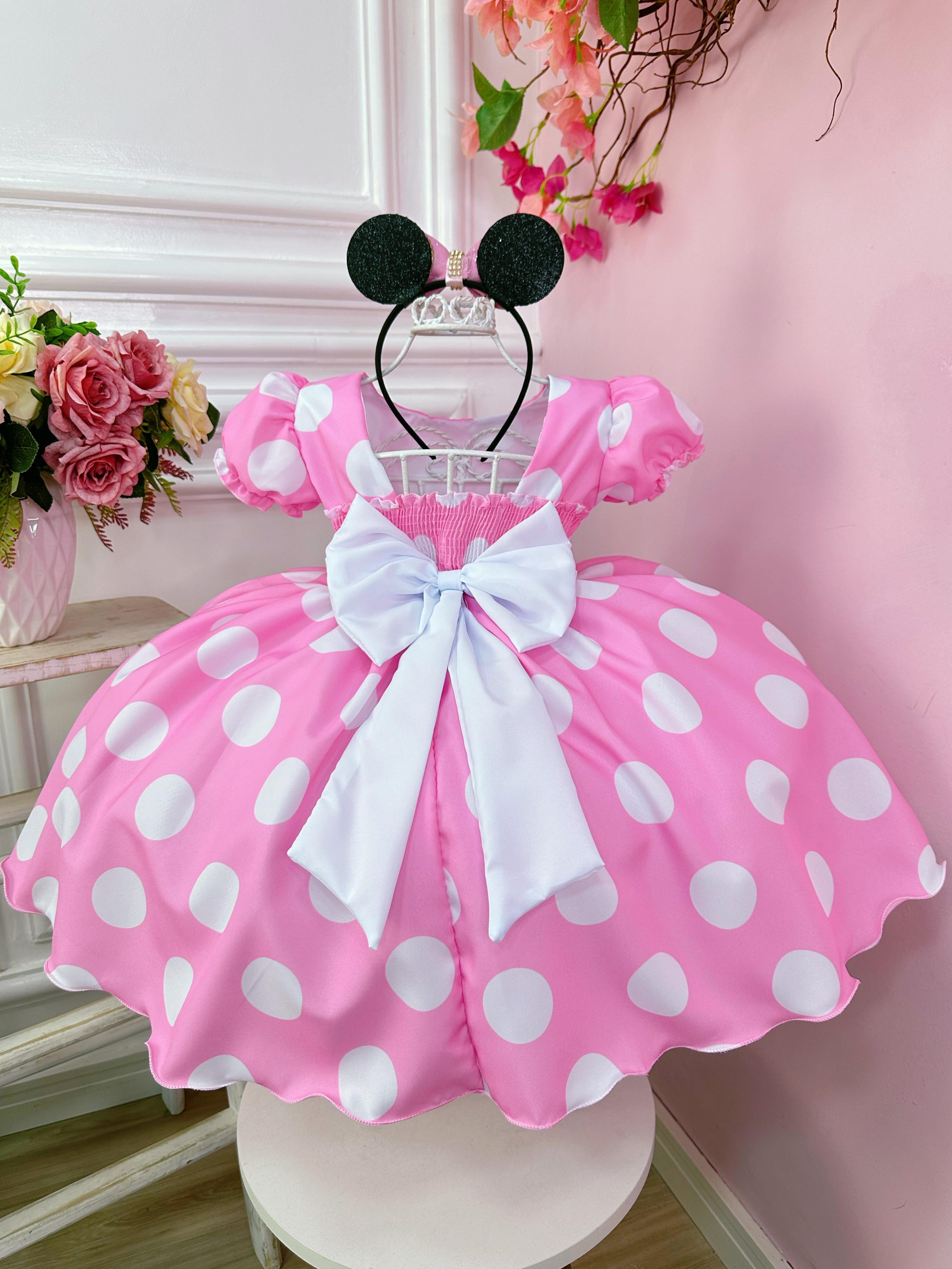 Vestido Infantil Minnie Rosa Busto Com Strass Festas