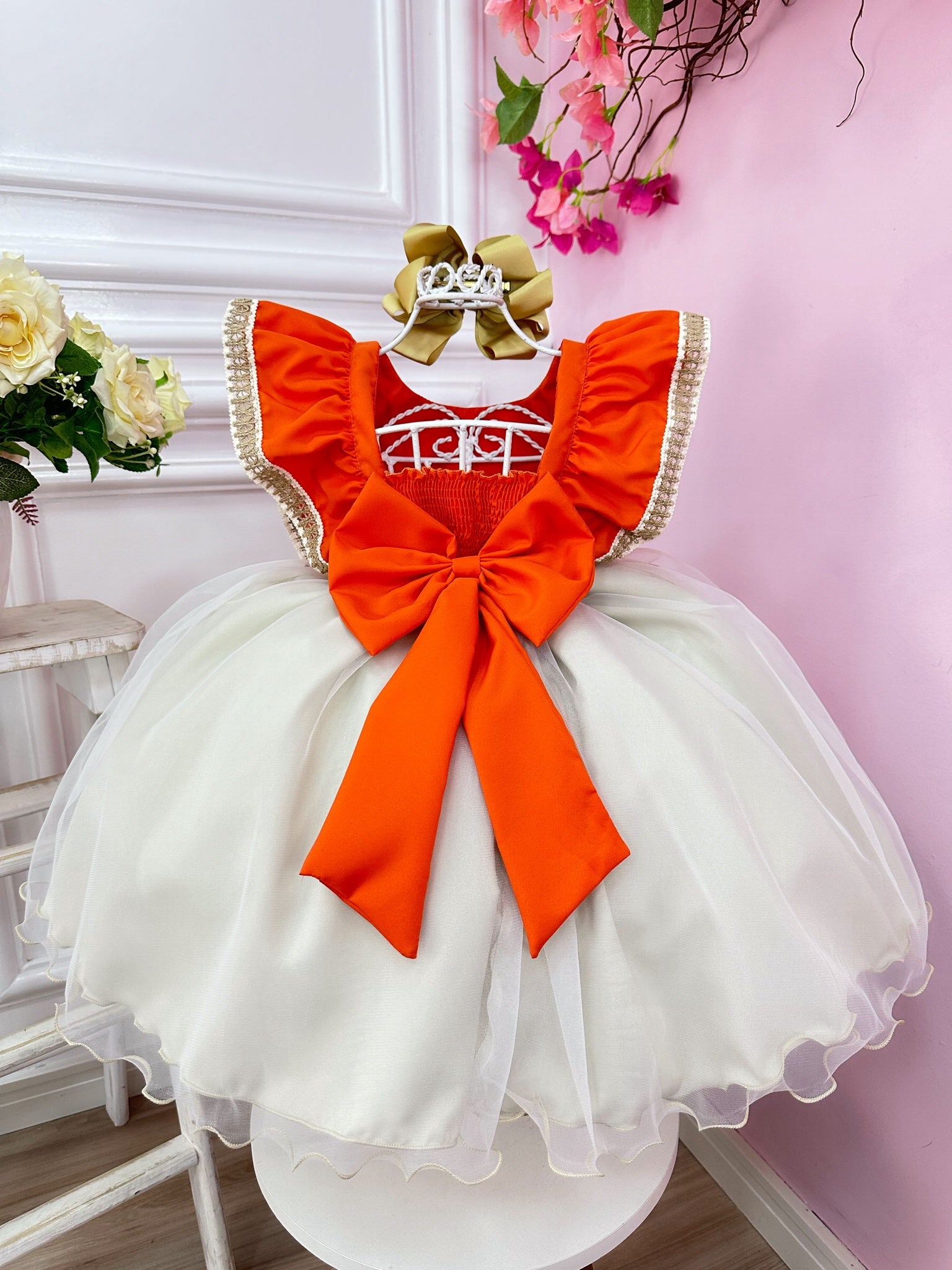 Vestido Infantil Moana Laranja C/ Apliques Flores Festas