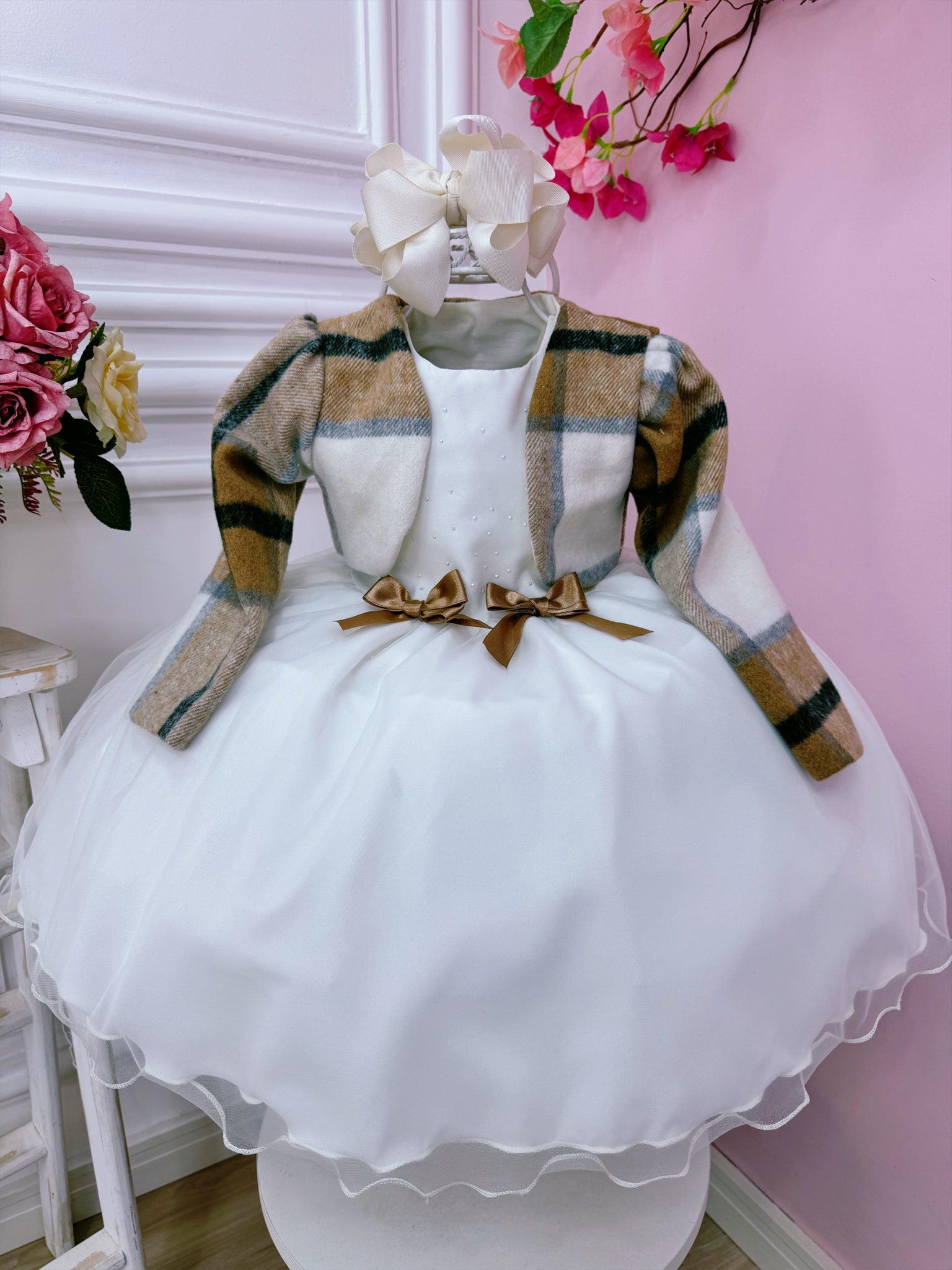 Vestido Infantil Off White Busto Strass C/ Bolero Xadrez Luxo