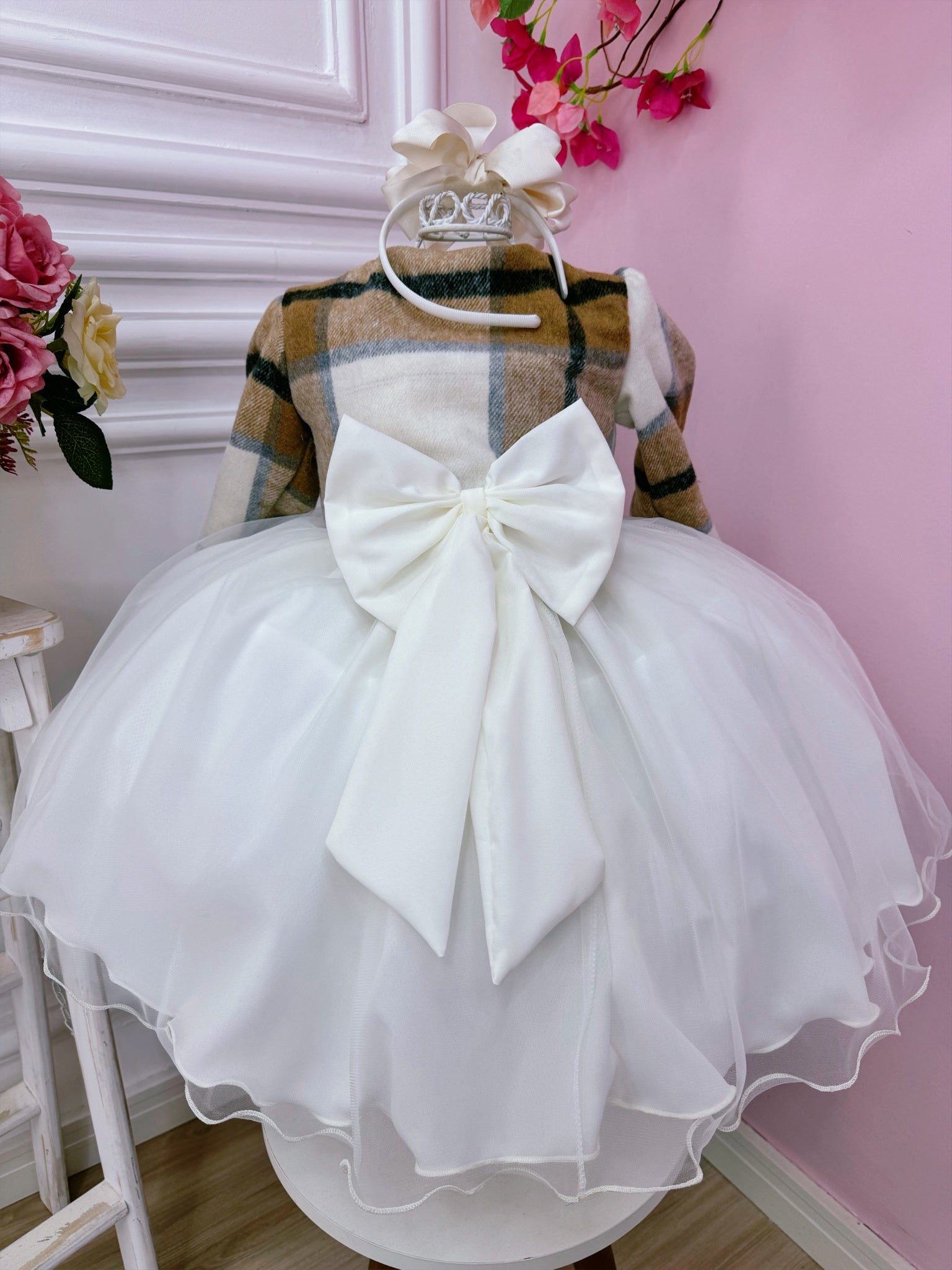 Vestido Infantil Off White Busto Strass C/ Bolero Xadrez Luxo