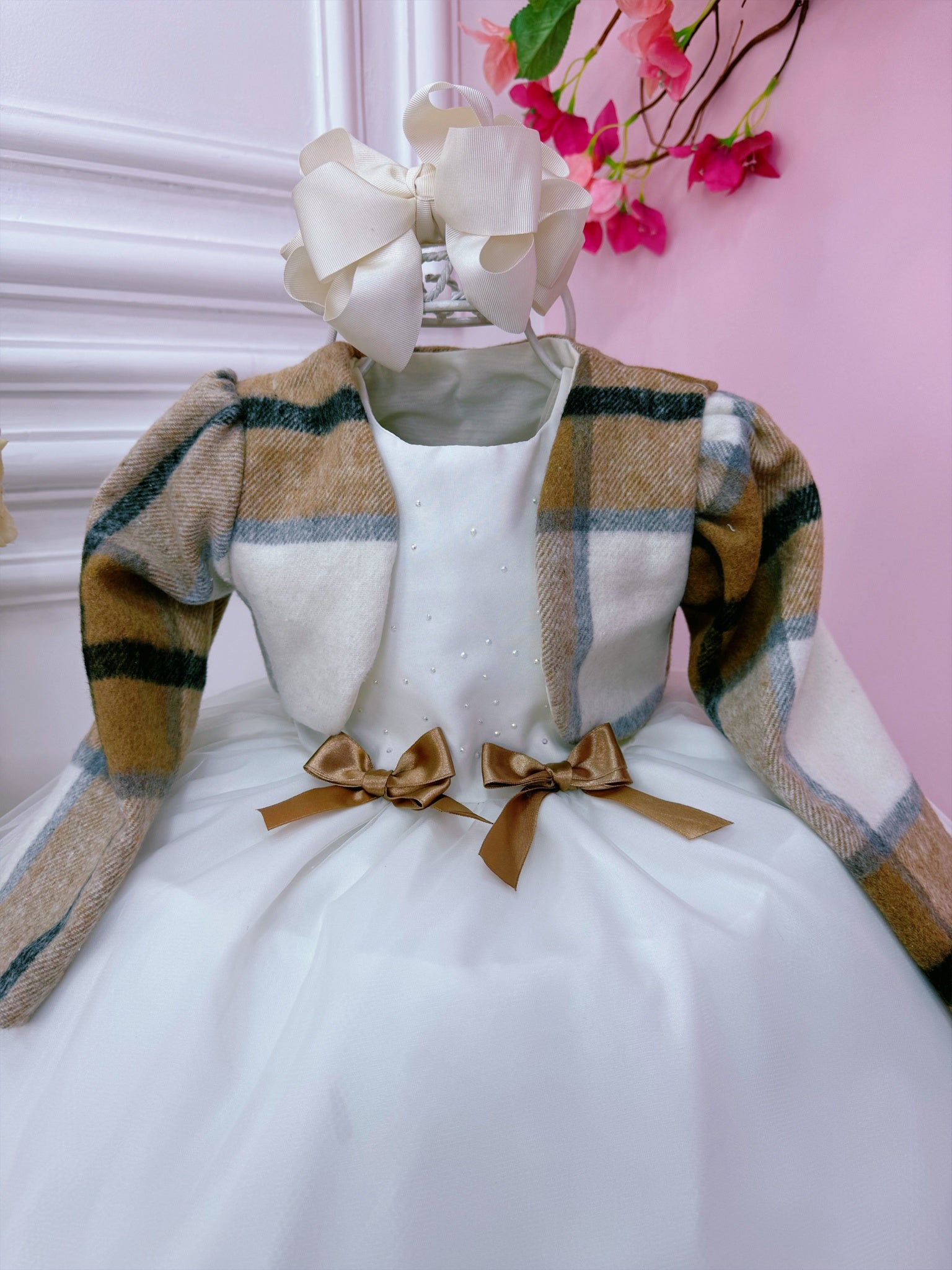 Vestido Infantil Off White Busto Strass C/ Bolero Xadrez Luxo